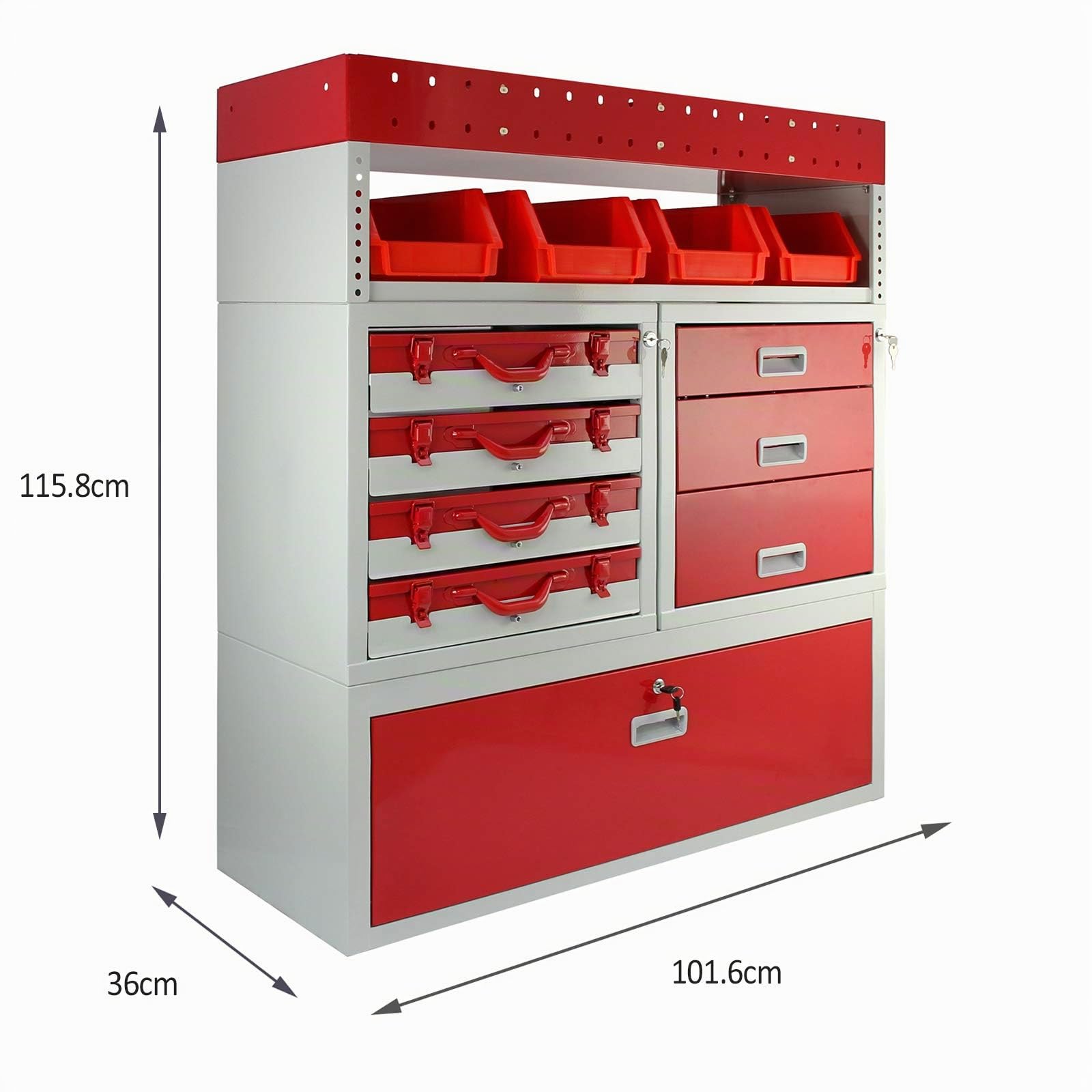 Estantería para Furgonetas Firecracker | Almacenamiento de Herramientas con Cajones con Cerradura, Cajas Extraíbles y Armario | Estructura de Acero Robusto, Capacidad 60kg | 101,6cm x 117,8cm x 36cm