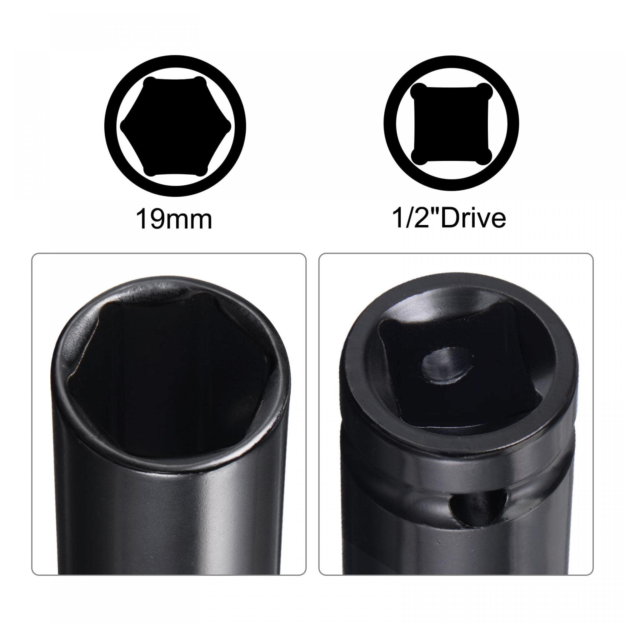 Sourcing Map Steckschlüssel-Set – 1/2 Zoll, 19 Mm, Tief, Mit Adapter, Chrom-Vanadium-Stahl