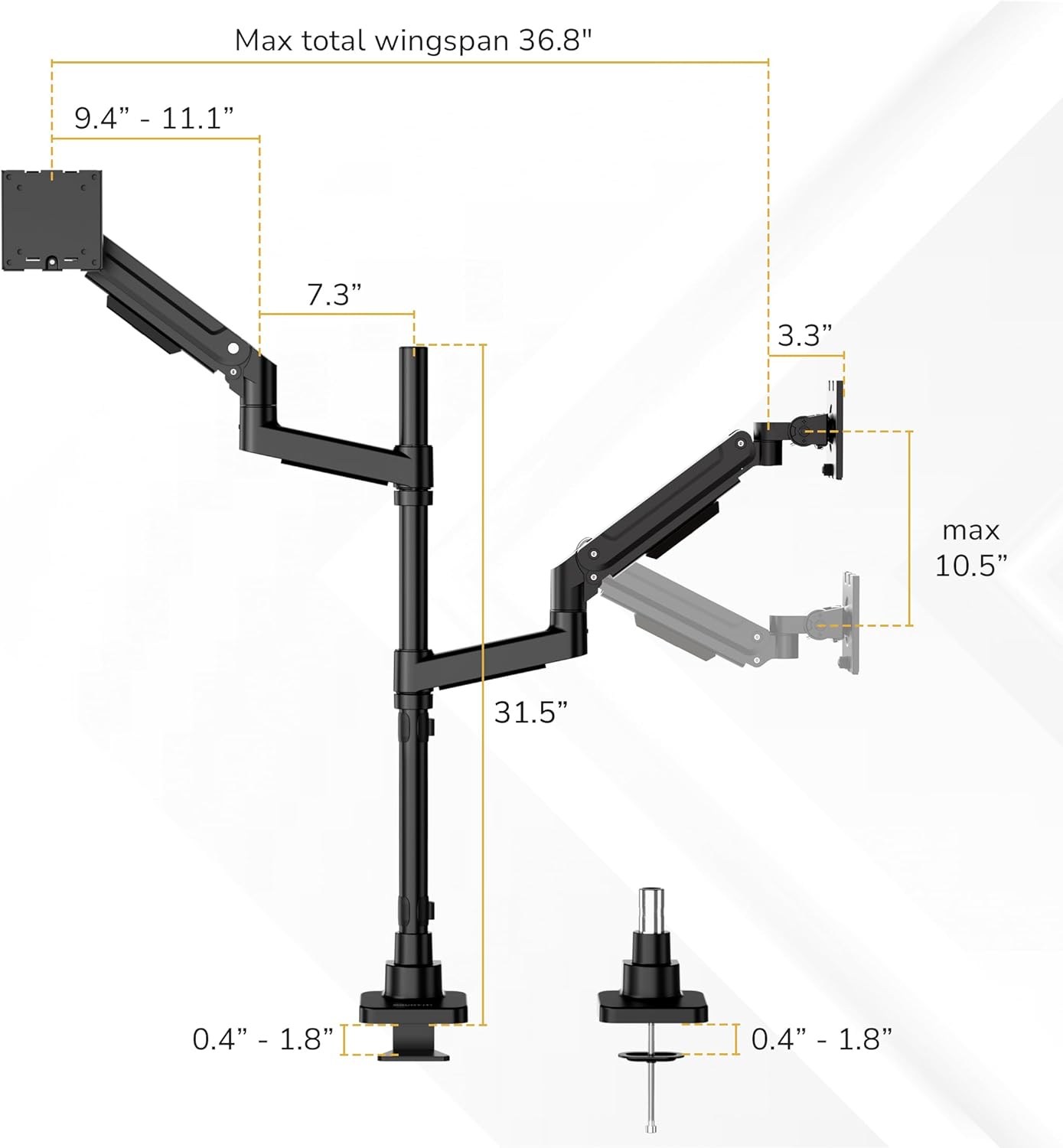 Mount-It! Dual Ultrawide Monitor Desk Mount for 17–49” Screens, Height-Adjustable Stacking Arms with Pole, Heavy Duty Gas Spring, Full Motion, VESA 75/100, Clamp or Grommet