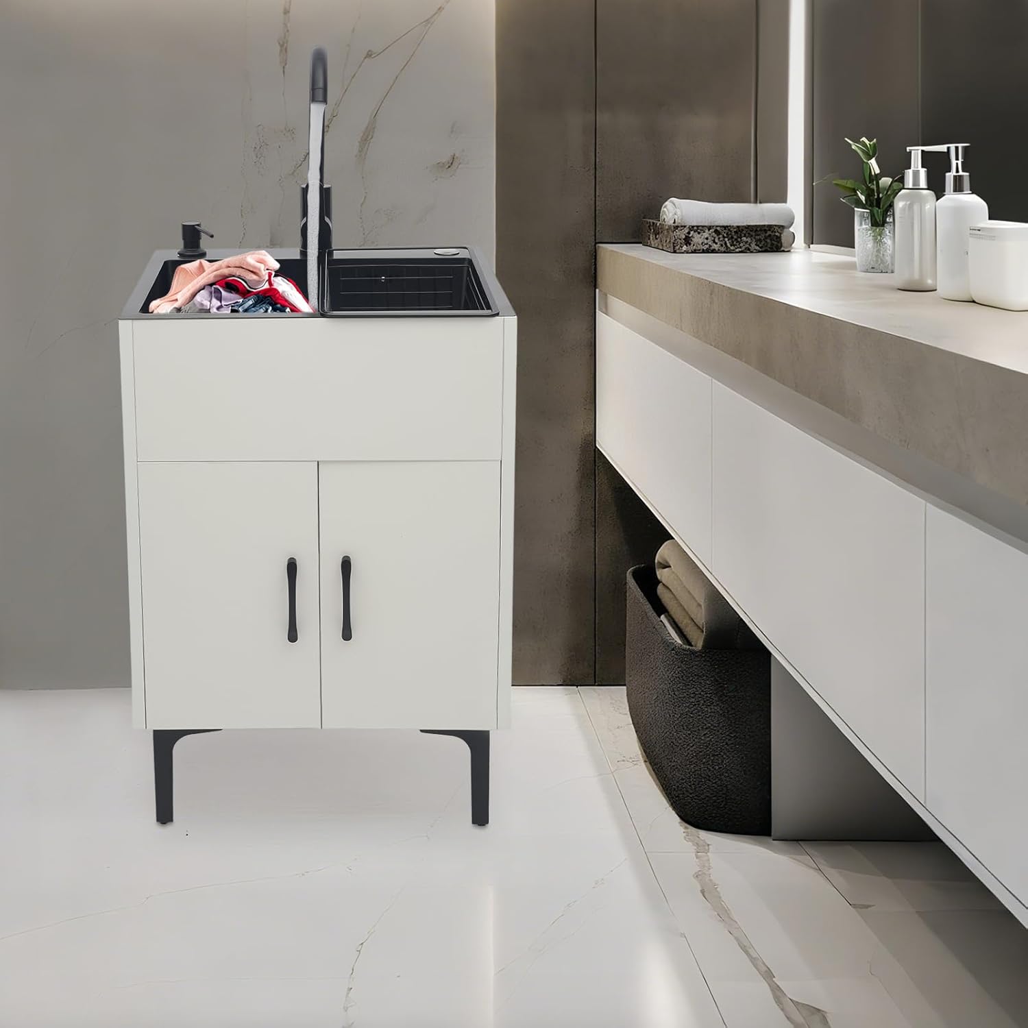 20-Inch Laundry Sink with Cabinet & 360° Swivel Hot/Cold Fauce, Freestanding Kitchen Sink Cabinet with Stainless Steel Sink & Drain Basket, White Cabinet with Sink for Laundry&Utility Room