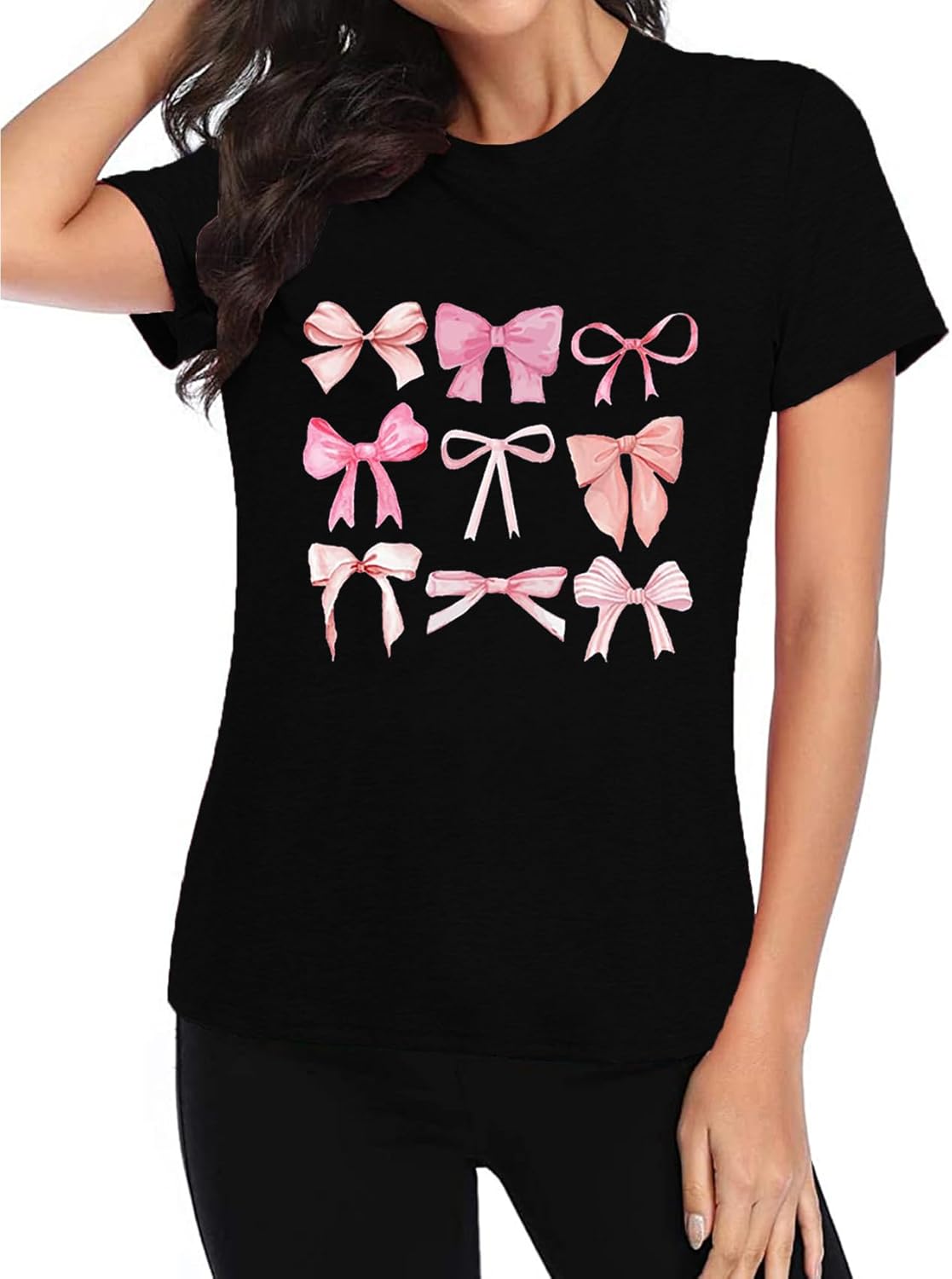 Womens Bow Shirt:Trendy Pink Bow Girly Tee Aesthetic T-Shirt Coquette Aesthetic Tee Tops - Image 2