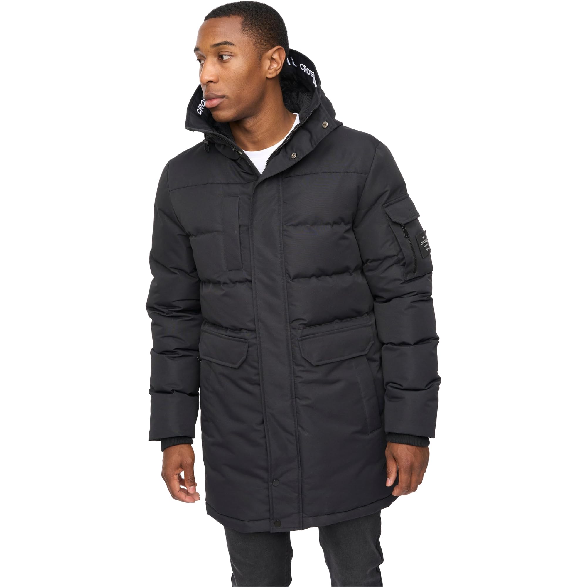 Crosshatch Men's Malwaka - Black Longline Coat Hooded Parka Padded Fleece Lined Puffer Quilted Warm Winter Bubble Long Jacket, L