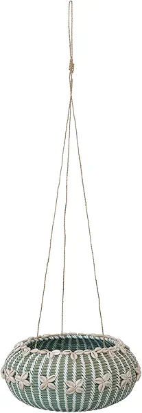 Creative Co-Op Hanging Handwoven Rattan Planter with Shells and Jute Hanger, Aqua