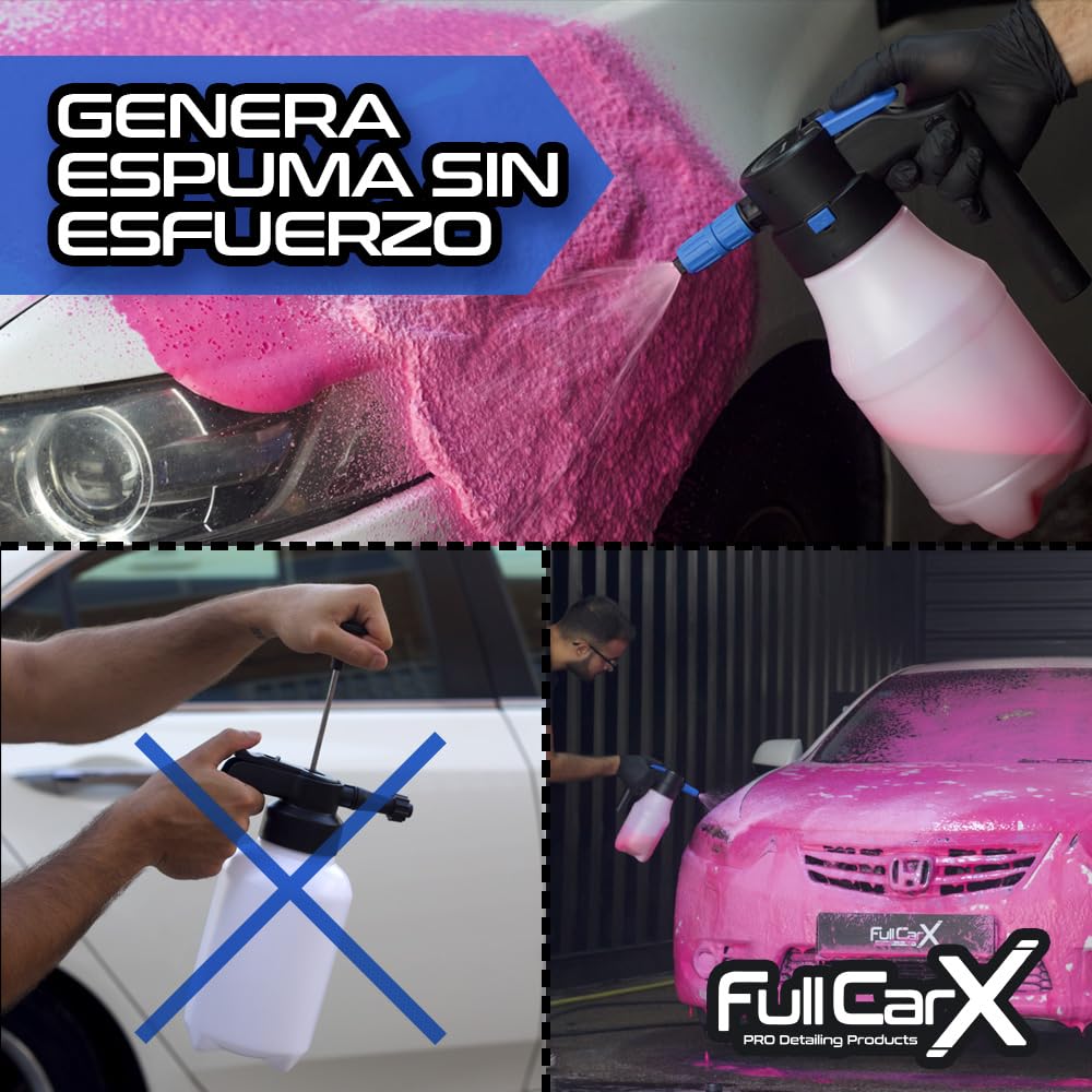 FULLCARX Kit Champús con Pulverizador a Presión Automático Eléctrico, Champú Espuma Activa Snow Foam PH Neutro, Champú Jabón Rosa Cherry Foam, Limpieza Exterior Coche, Productos Detailing Profesional