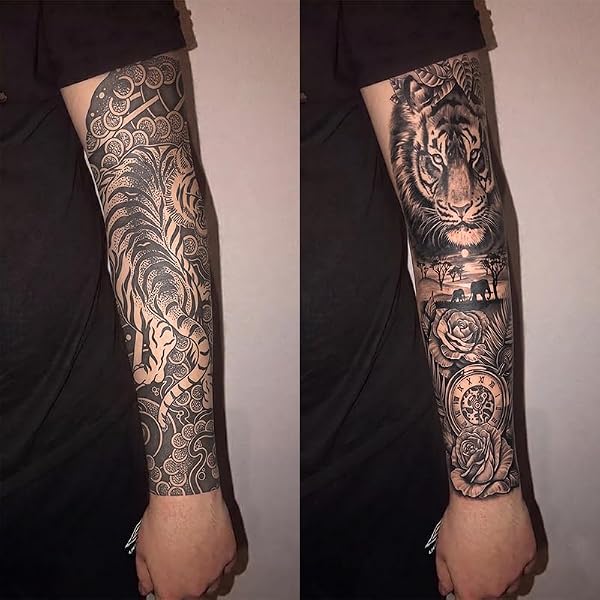INKARTLINK Semi Permanent Tattoos, 2 Sheets Tiger Rose Clock, 7-14 Days - 1