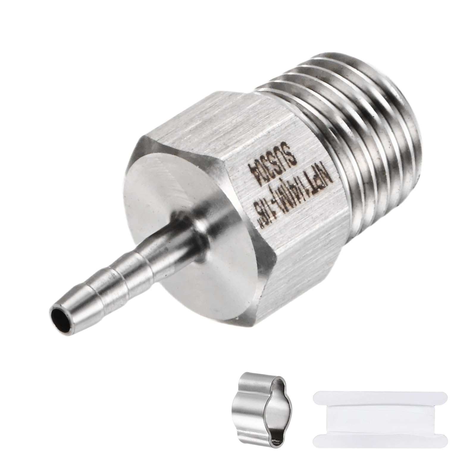M METERXITY 1-Pack Garden Hose Adapter, 304 Stainless Steel 1/8" Barb x 1/4" NPT Male Threaded Connector with Sealing Tape & Clamp Garden Hose Convert Fitting for Pipe