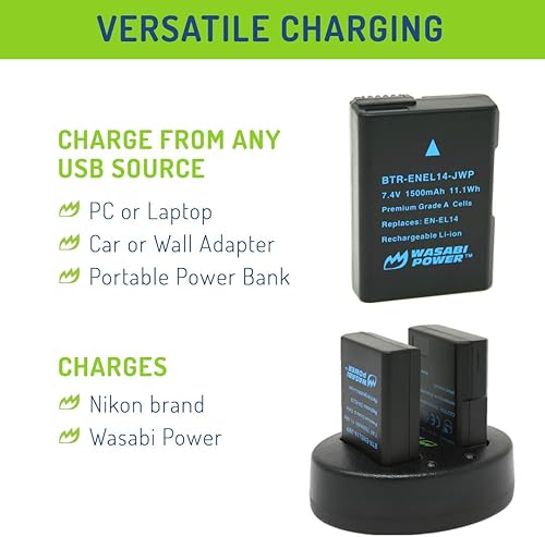 Miniatura 6 de Wasabi Power Batería (paquete de 2) y cargador dual para Nikon EN-EL14, EN-EL14a y Nikon D3100, D3200, D3300, D3400, D3500, D5100, D5200, D5300,