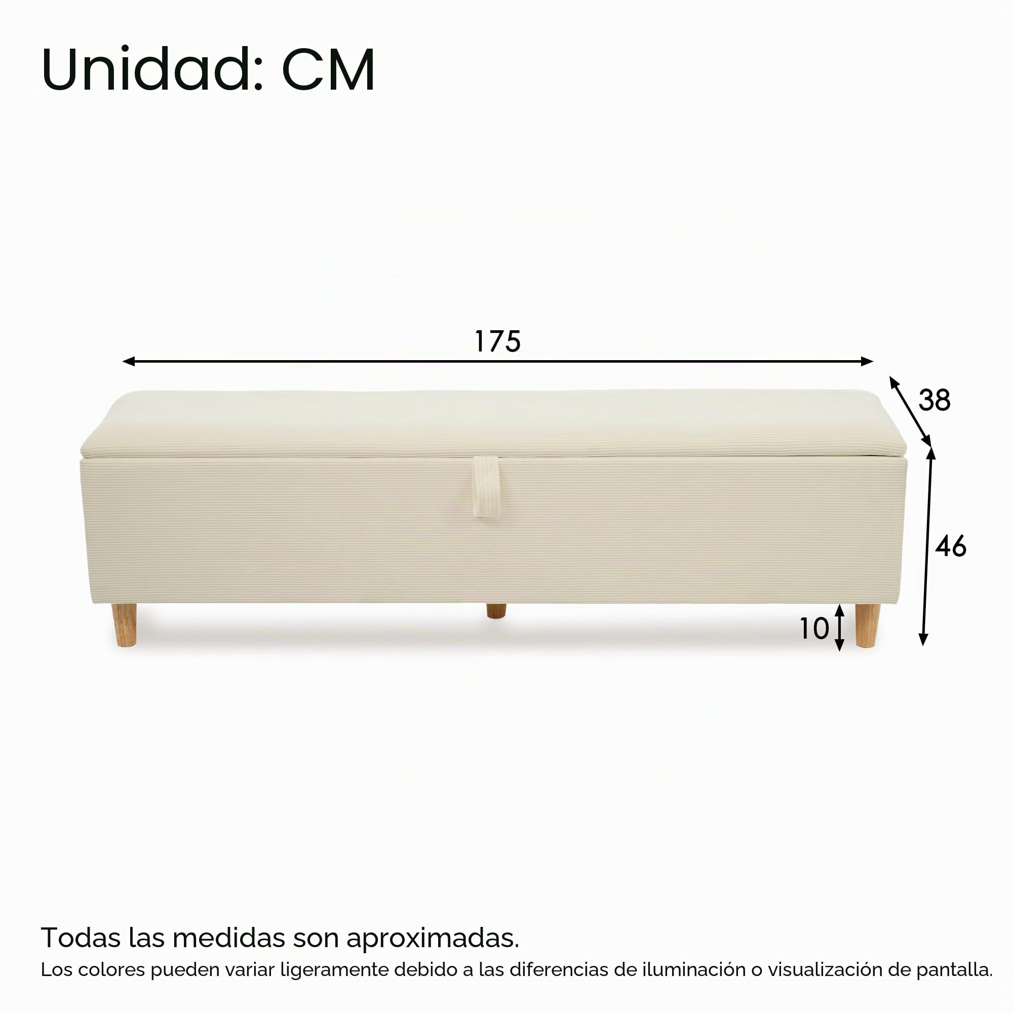 Moimhear Banco de cama con espacio de almacenamiento, banco acolchado con espacio de almacenamiento hidráulico, caja de almacenamiento, adecuado para dormitorio, salón y pasillo, beige, pana (175 x 38