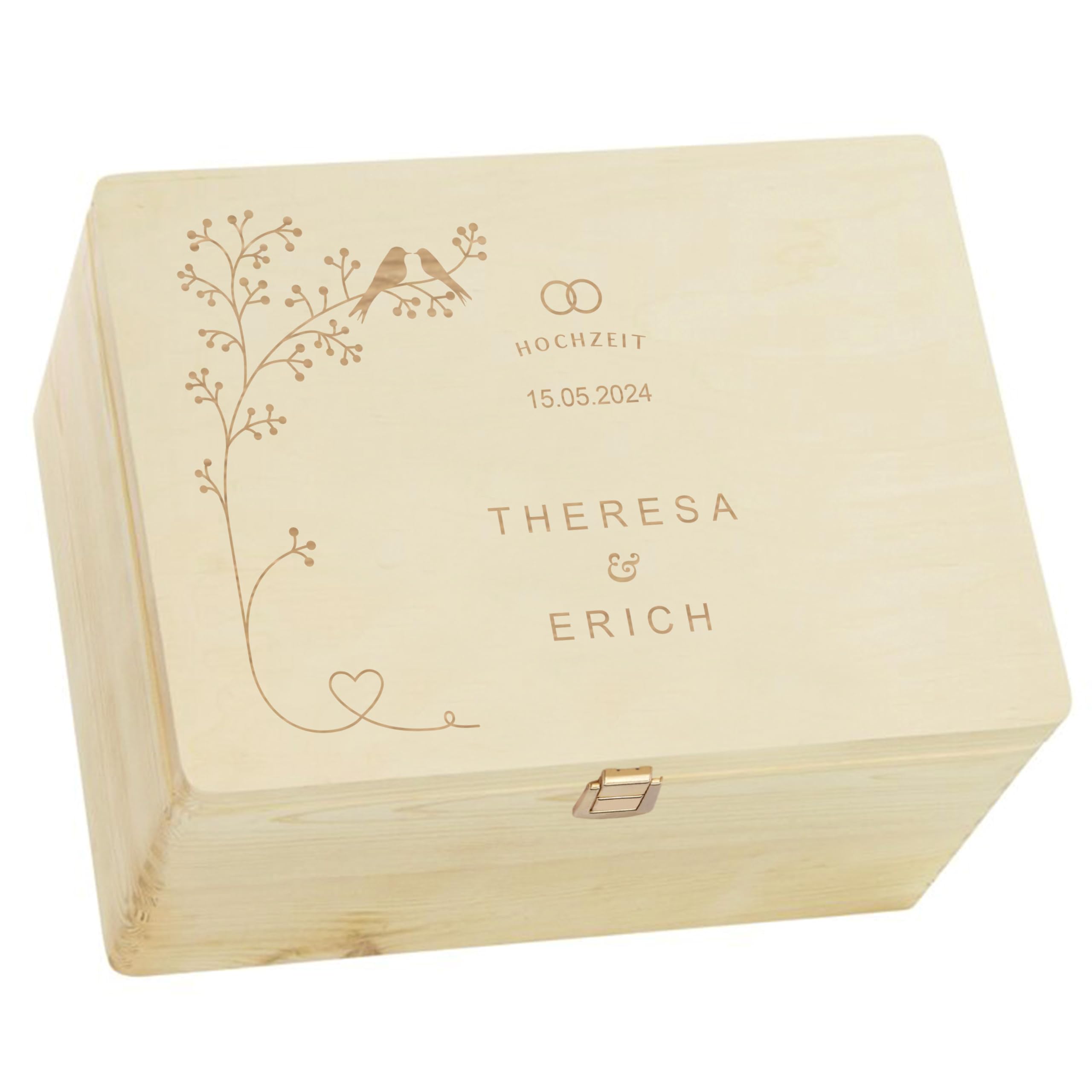 LAUBLUST Personalisierte Hochzeitskiste Erinnerung - Geschenkkiste Hochzeit mit Gravur - Vogel-Pärchen | Personalisierte Geschenke für Brautpaar - FSC® (Natur mit Verschluss, ca. 40 x 30 x 24 cm | XL)