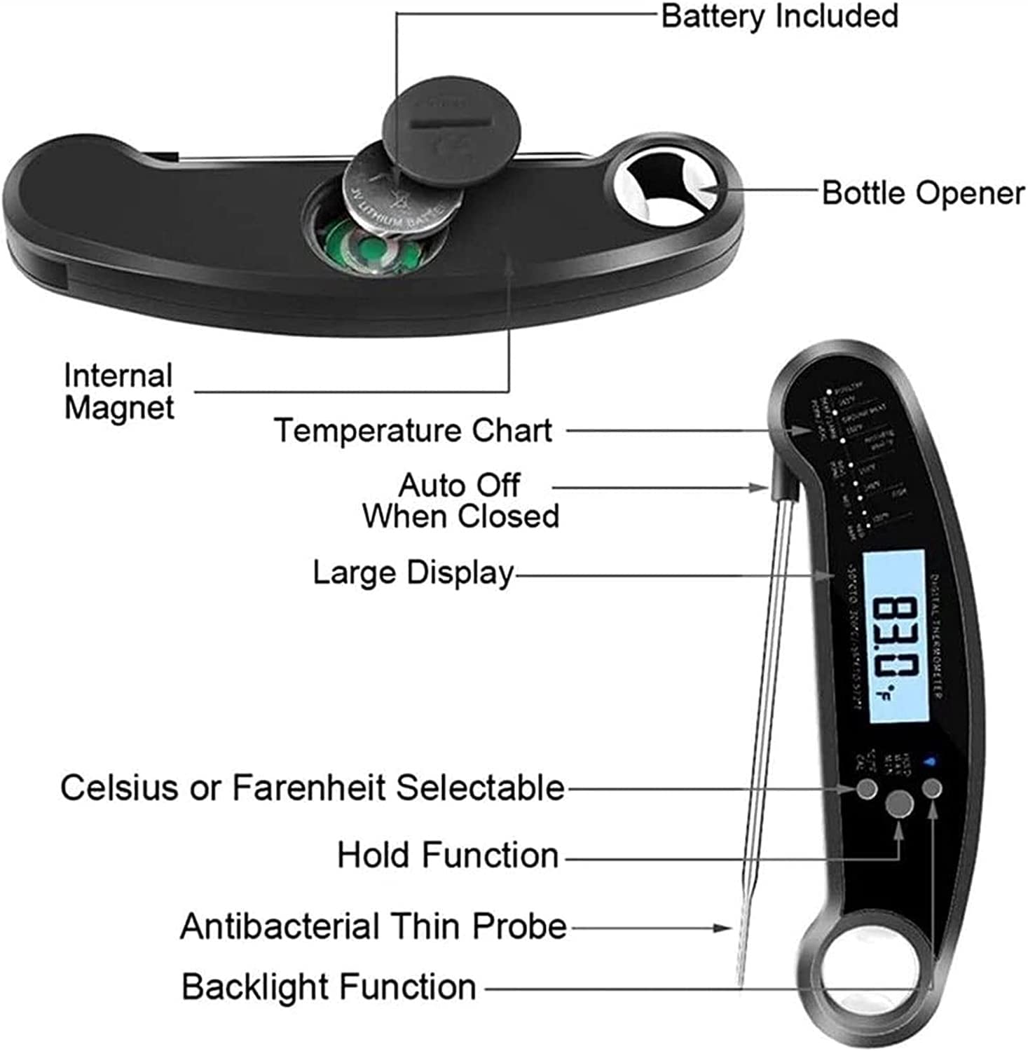 LIIAV Termómetro de carne de lectura instantánea for cocinar, termómetro de alimentos digitales rápidos y precisos con calibración de la luz de fondo y sonda plegable for freír, Barbacoa Parrilla y pa