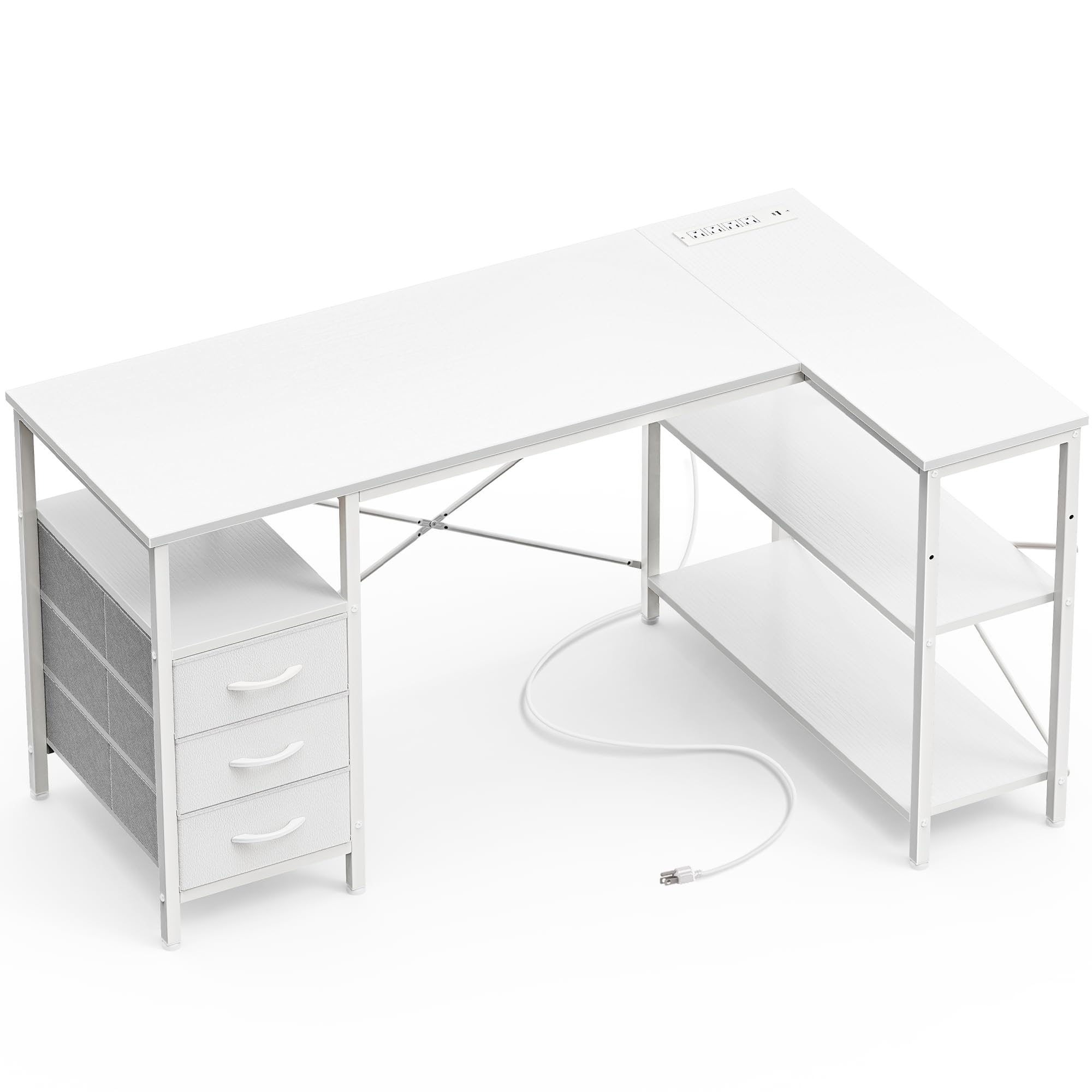 Huuger L Shaped Office Desk with Power Outlets, 47 Inch Computer Desk with 3 Drawers, Shelves, for Gaming, Corner Work, Home Office, Study, White