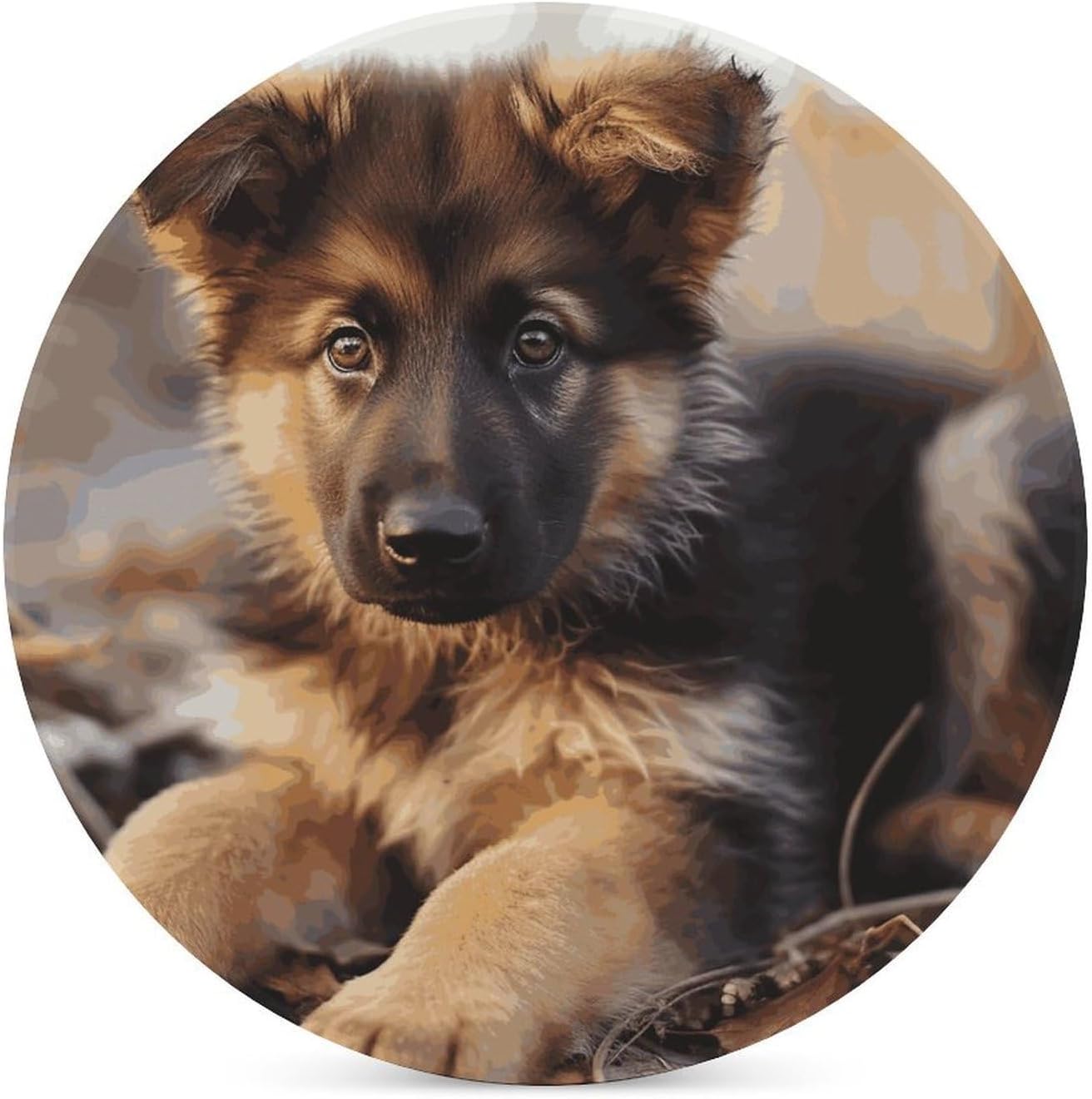 6PCS German Shepherd Puppy Coasters Non-Slip Round Drink Coasters with Ceramic Stone and Cork Base, Heat Resistant Absorbent 33.00Stone Coaster Set for Kinds of Mugs and Cups, 4 Inch