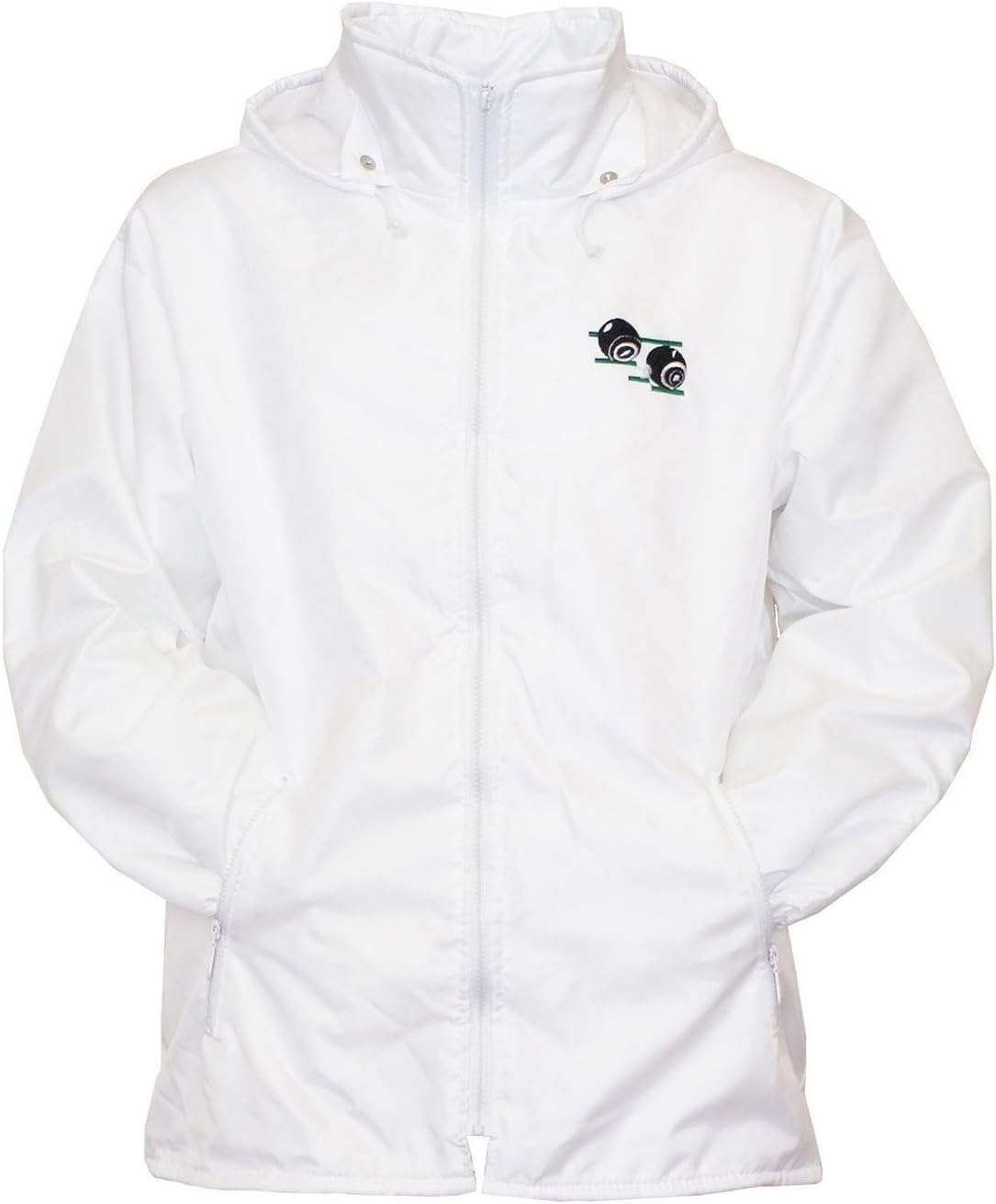 ORIGINMENSWEAR Mens Bowling Jacket Fully Fleece Lined Waterproof Hoodded Jackets Detachable Pop Hood White with Bowls Bowlers Embroidered Logo (UK Small)