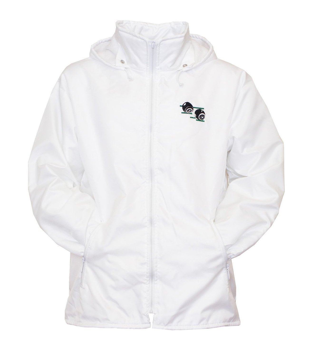 ORIGINMENSWEAR Mens Bowling Jacket Fully Fleece Lined Waterproof Hoodded Jackets Detachable Pop Hood White with Bowls Bowlers Embroidered Logo (UK Small)