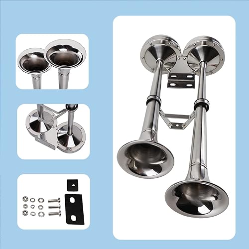 Miniatura 7 de Bocinas de barco de 12 V, cuerno de trompeta de barco marino de acero inoxidable pulido, tono bajo y alto BANHAO con soporte ajustable, bocina de