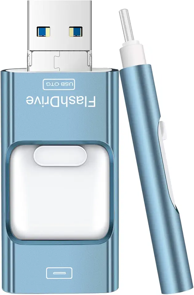 Pen drive de 256 GB para iPhone, pen drive USB-C 4 em 1 para fotos, unidade de memória, armazenamento externo para iPhone, iPad, Android, computador, azul celeste