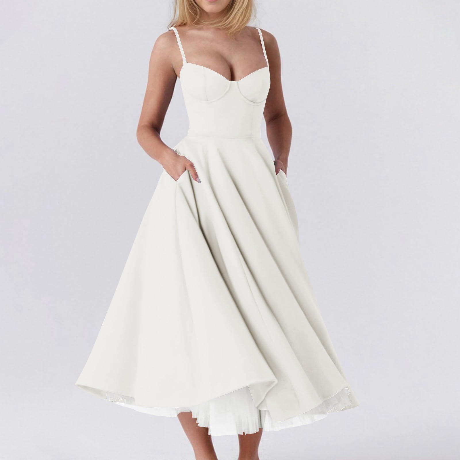 Korsett Kleid Damen Sommer Lang Trägerkleid Damen Midi Elegant A Linie Sommerkleid Blumen Spaghettiträger Sundress Corset Sommerkleider Leicht Und Luftig Midikleid Sommer mit Taschen Kleider