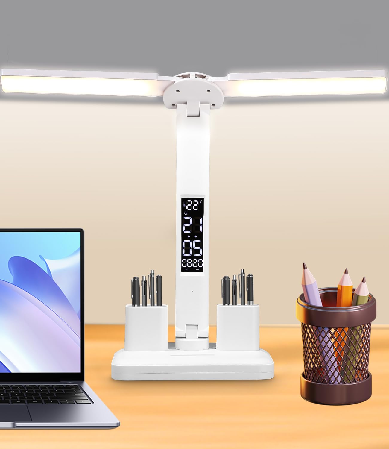 SOBEAU Lámpara Escritorio LED,Flexo Led Escritorio con 3 Modos y Luminosidad Ajustable,Lámpara de Escritorio de Doble Punta con Pantalla LED y Portalápices para Leer Oficina