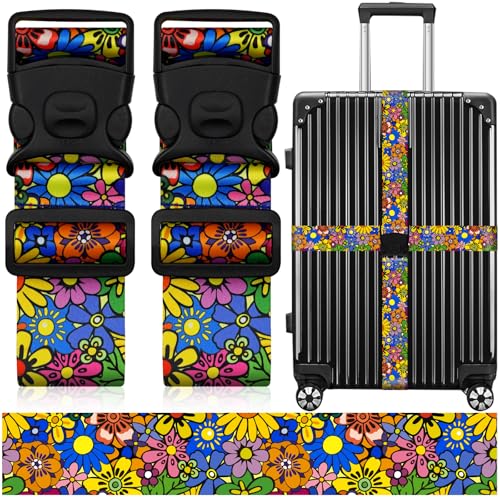 Image of 2 Pack Luggage Straps for Suitcases, Adjustable Travel Belt with Double Lock and Quick Release Buckle, Heavy Duty Nylon Bag Packing Strap, Bright Identifiers Business Travel Accessories-Sun Flowers