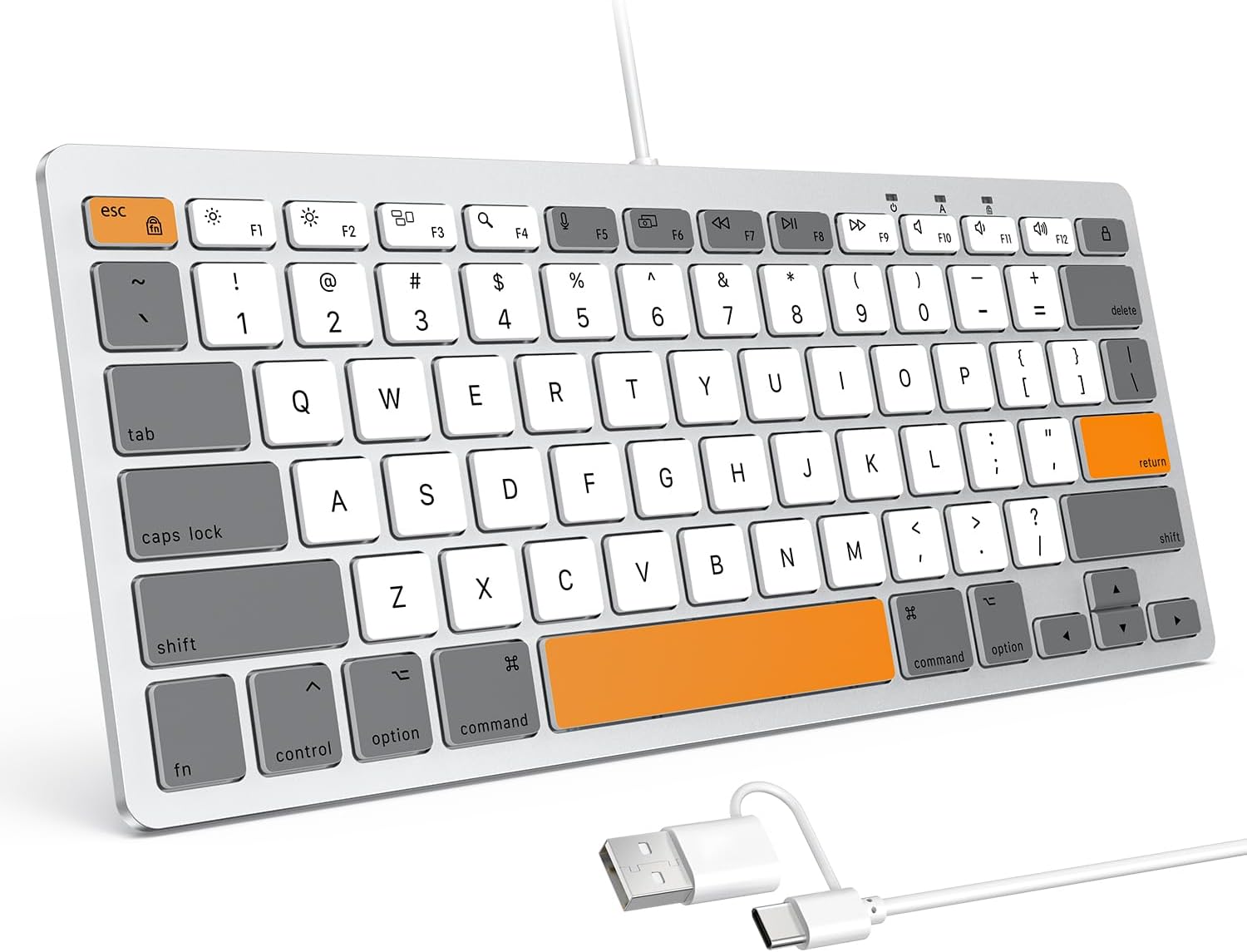 OMOTON Wired Keyboard for Mac with Dual Interface, Comfortable Typing Angle & Stable Connection, Compatible with MacBook, iMac, Mac Mini, PC-White & Orange & Grey
