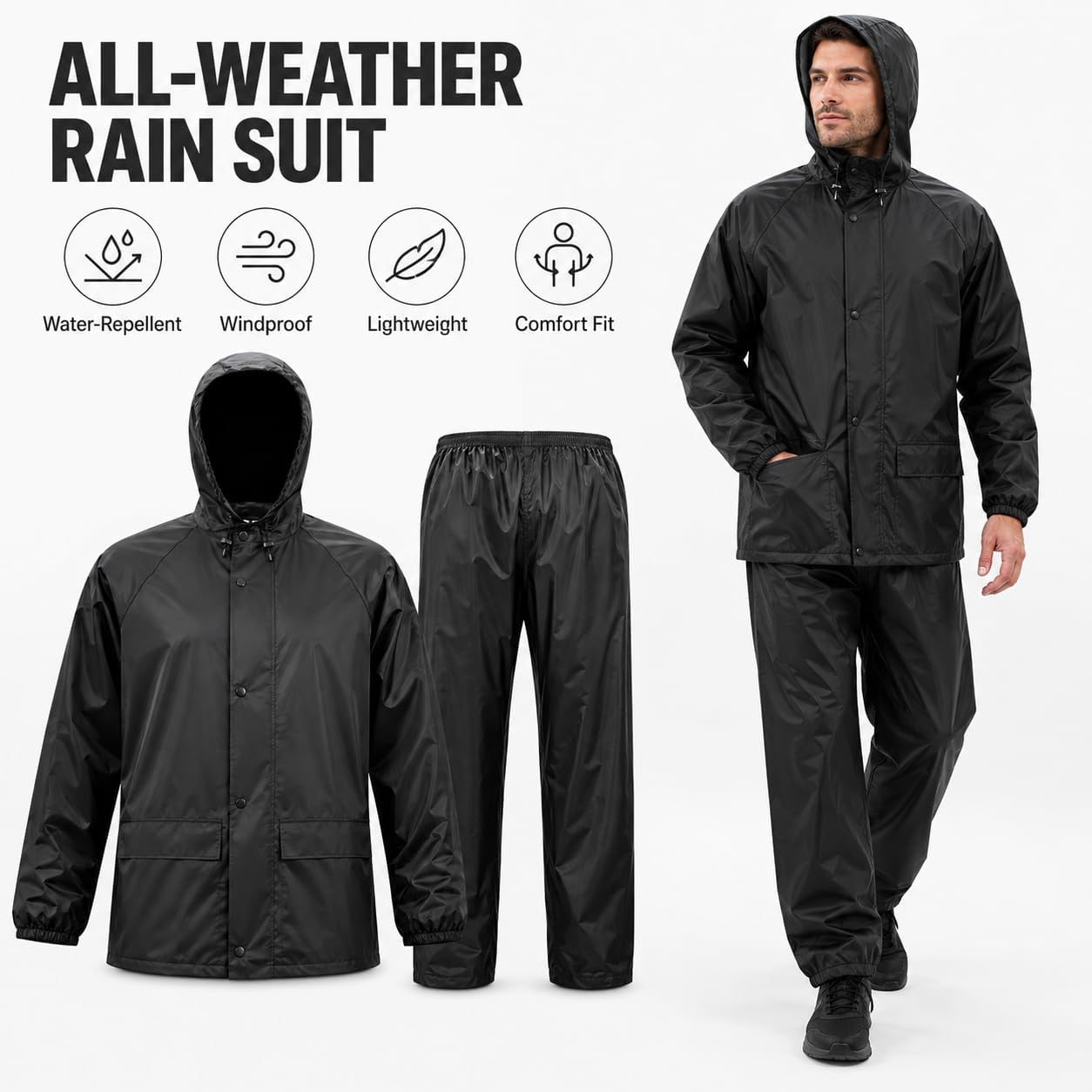 Men's Lightweight Rain Suit, Waterproof Hooded Jacket and Pants Set, Packable Polyester Rain Gear for Golf