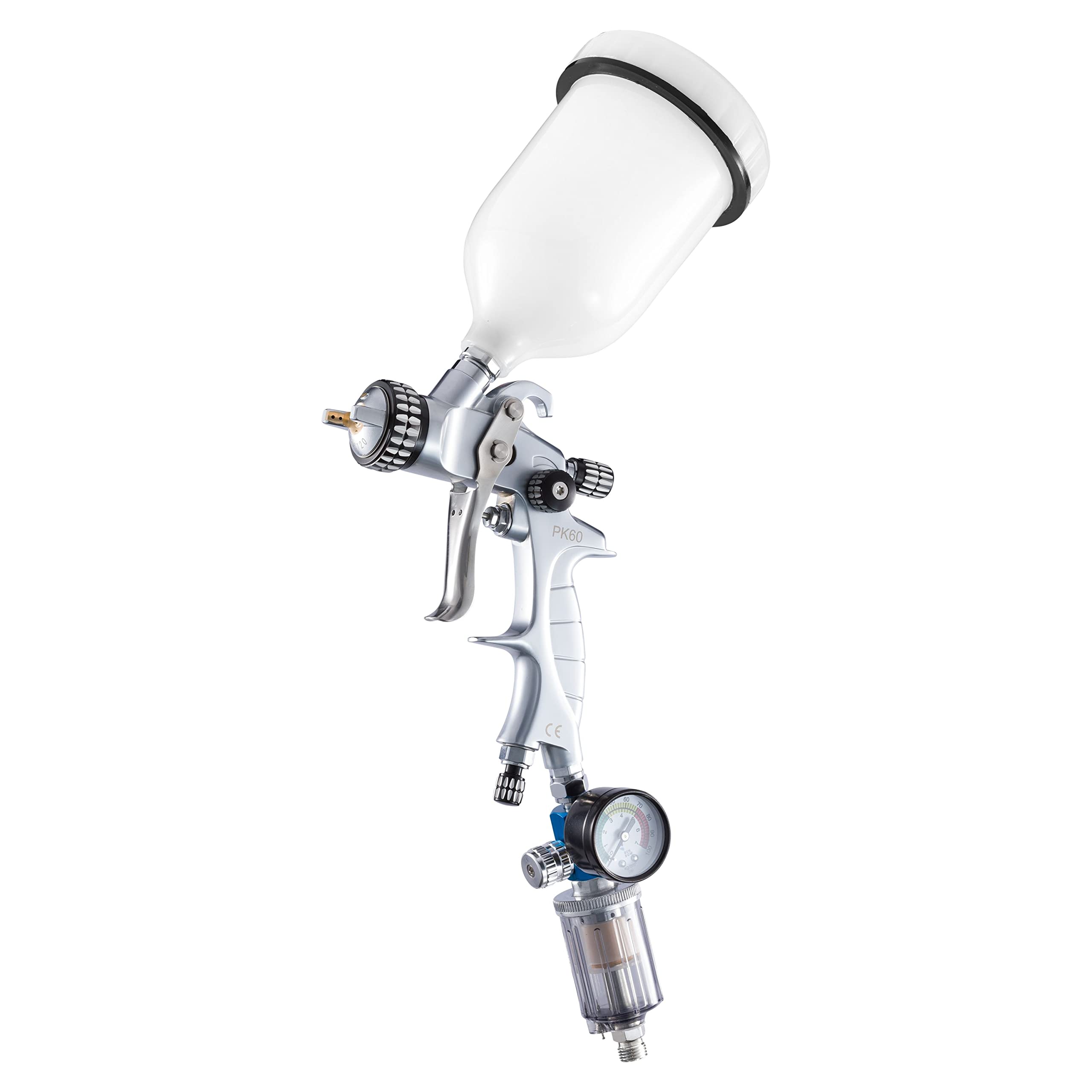 BenBow Set pistola vernice a spruzzo PK60 HVLP 1,4 mm + 1,8 mm ugello + serbatoio 600 ml + valigetta + regolatore di pressione dell'aria con manometro + separatore olio-acqua