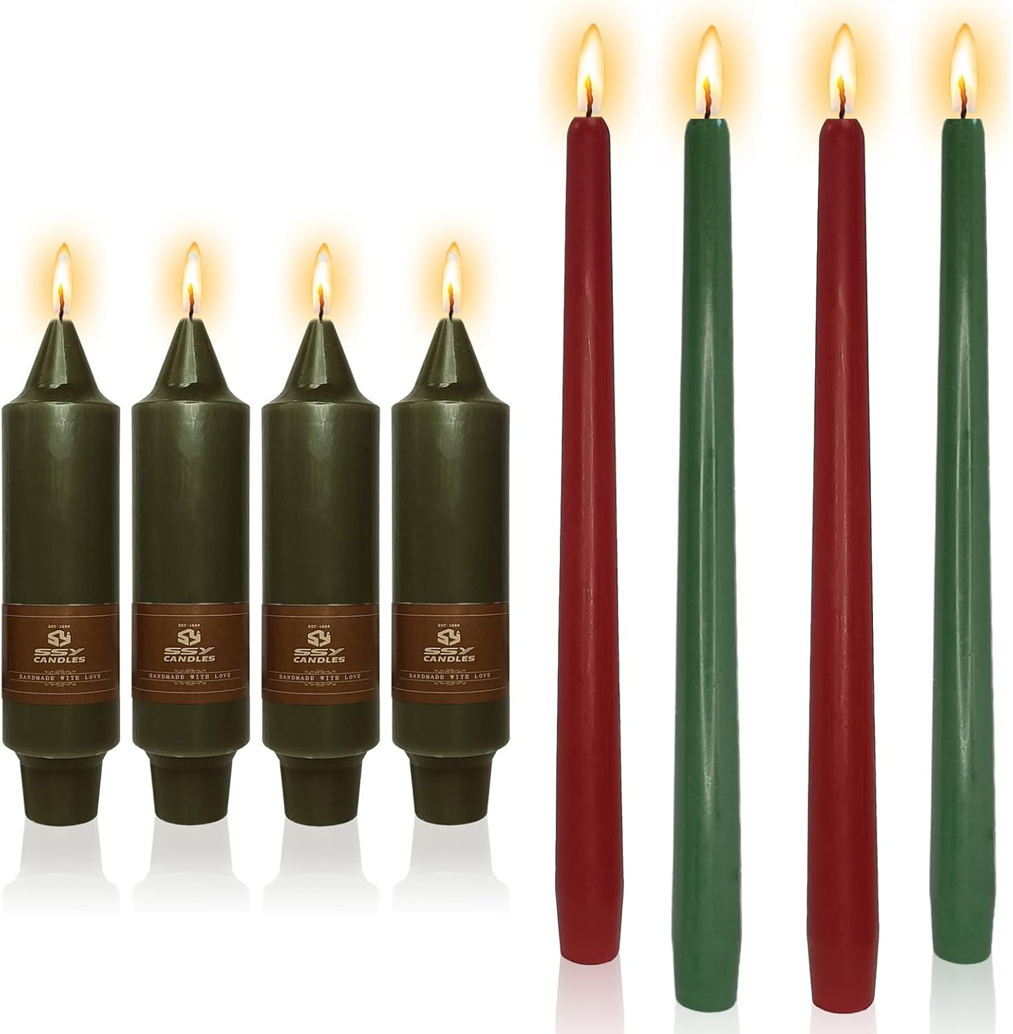 NJAO HOO 5 Inch Olive Green Short Taper Candle, 10" Apple & Cedar Scented Candles Tall Tapered Candlesticks for Holiday Dinner Home Wedding Decor 8 Pcs