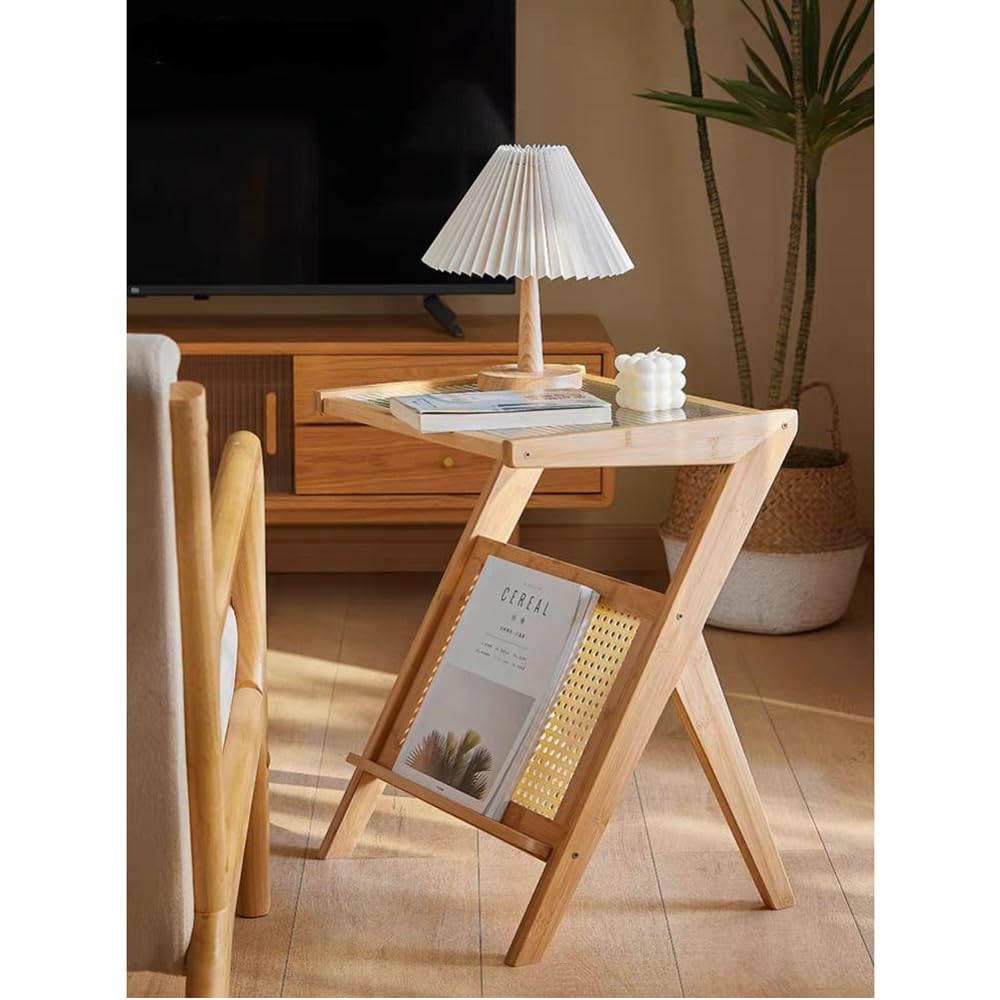 MTZ Makeup Toy Bamboo and Rattan Harmony: Modern Z-Shaped Nightstand with Glass Top - Stylish and Practical Accent Furniture for Bedroom and Living Room. Perfect for Small Spaces, Apartments.