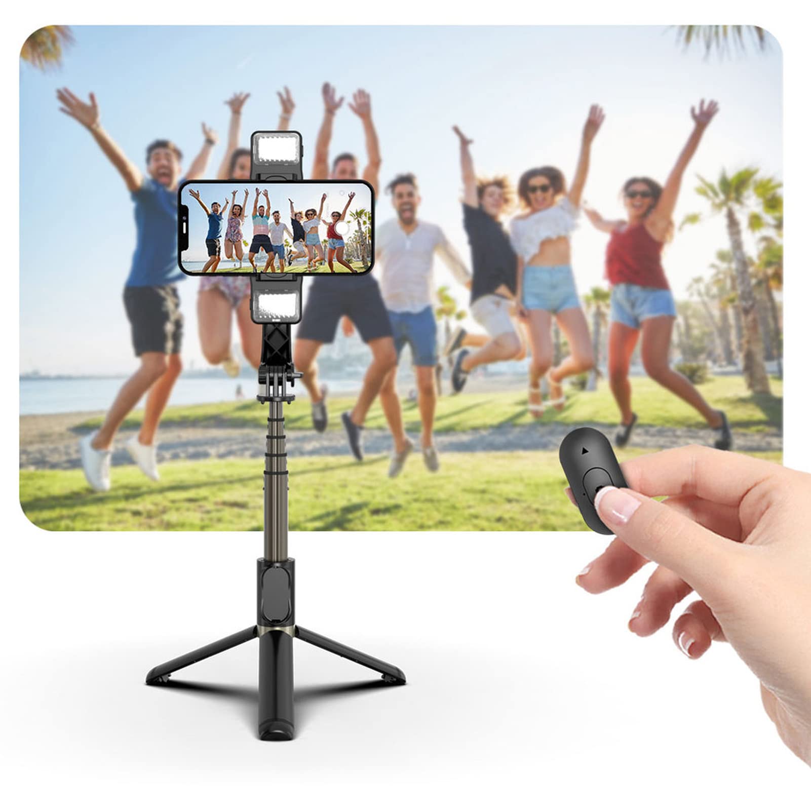 Asta Selfie Bluetooth, Q08d Asta Selfie Bluetooth Treppiede LED a Doppia Luce di Riempimento Asta Selfie Multifunzionale Wireless con Telecomando