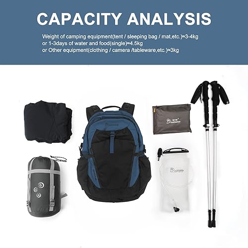 Miniatura 6 de MOUNTAINTOP Mochila de senderismo de 40L Mochila ligera para acampar con correa de cintura y cremalleras YKK, Negro&azul, Mochilas Daypack