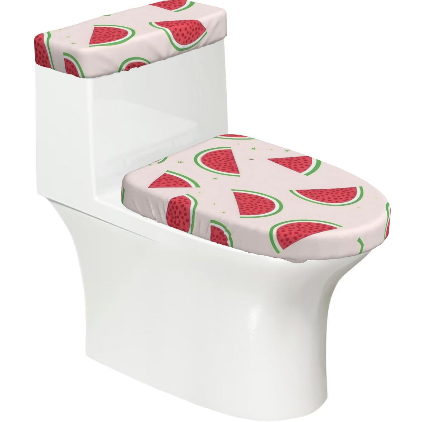 Pink Watermelon Elastic Toilet Cover Set of 2-Stretchy Lid and Tank Covers for Bathroom, Soft Washable U Shape Toilet Decor