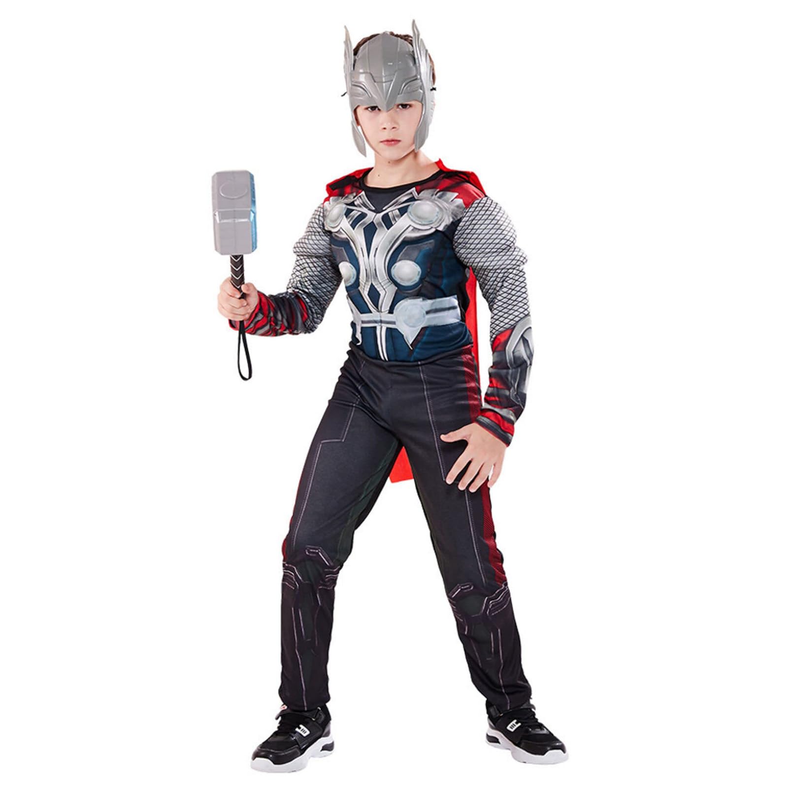 Makoike SuperHero Costume Kids Muscle Suit Knight Mask Jumpsuit Cape Hammer Carnival Halloween Costume 3-12 Years
