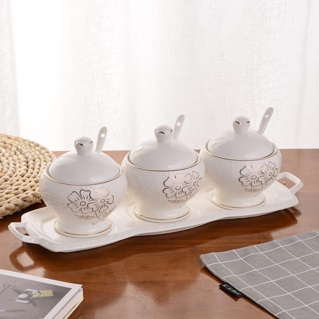 Condiment Jar Seasoning Box Spice Pots Ceramic Seasoning Bottle Set with Spoon Lid and Tray Seasoning Box Salt Jar European Seasoning Jar Spice Jar Set Seasoning Jar