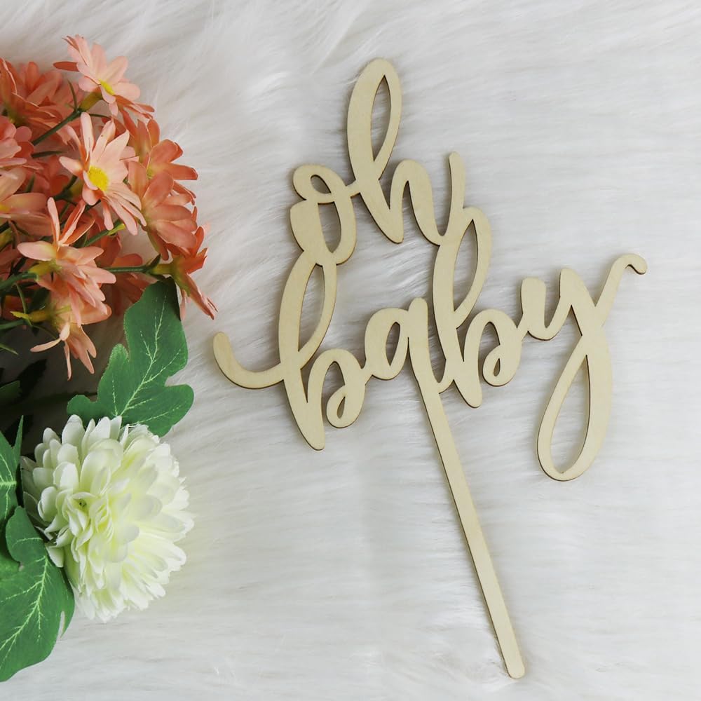 5 'Oh Baby' Cake Topper Aus Holz - Neutrale Babyparty Deko