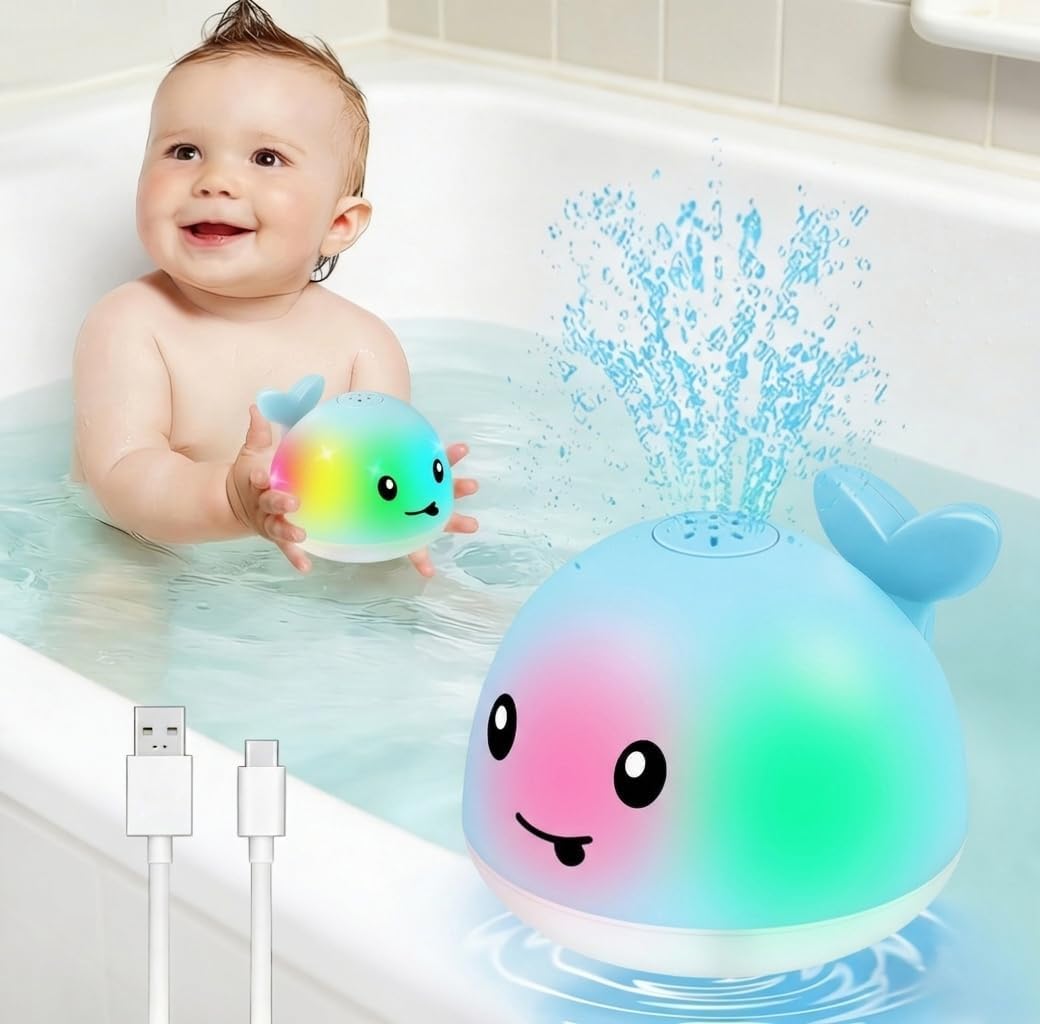 G-KARUNA Light Up Whale Bath Toy, Automatic Water Spray Sprinkler Baby Bath Toy for Toddlers 1-3 Years, Bathtub Fountain Toy for Kids, Birthday Gift for Boys & Girls (White)-image-35