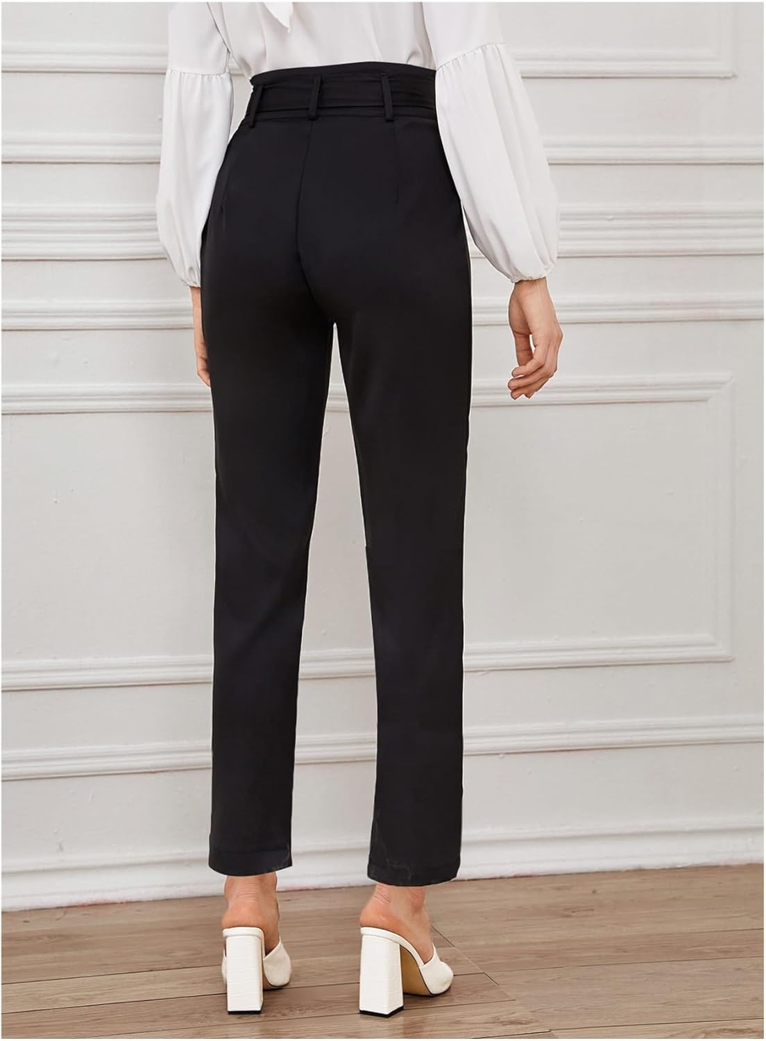 Women Casual Solid Buckle Belted Pants Work Pants