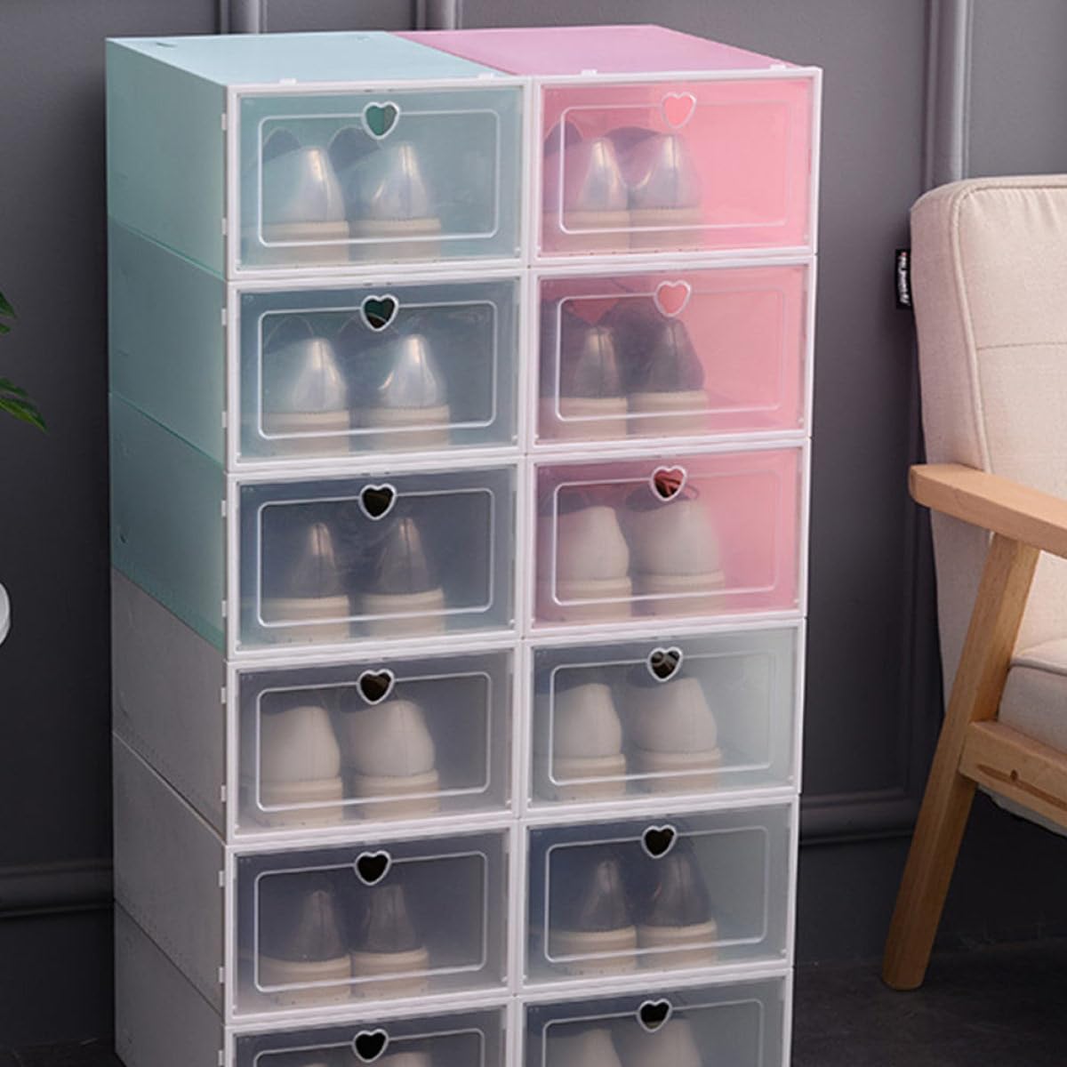 Set da 4 Scatole Porta Scarpe Trasparenti Coperchio Organizzatori per Scarpe in Plastica Spessa Contenitori di Stoccaggio Grandi Capacità per Casa e Armadio Design a Cassetto