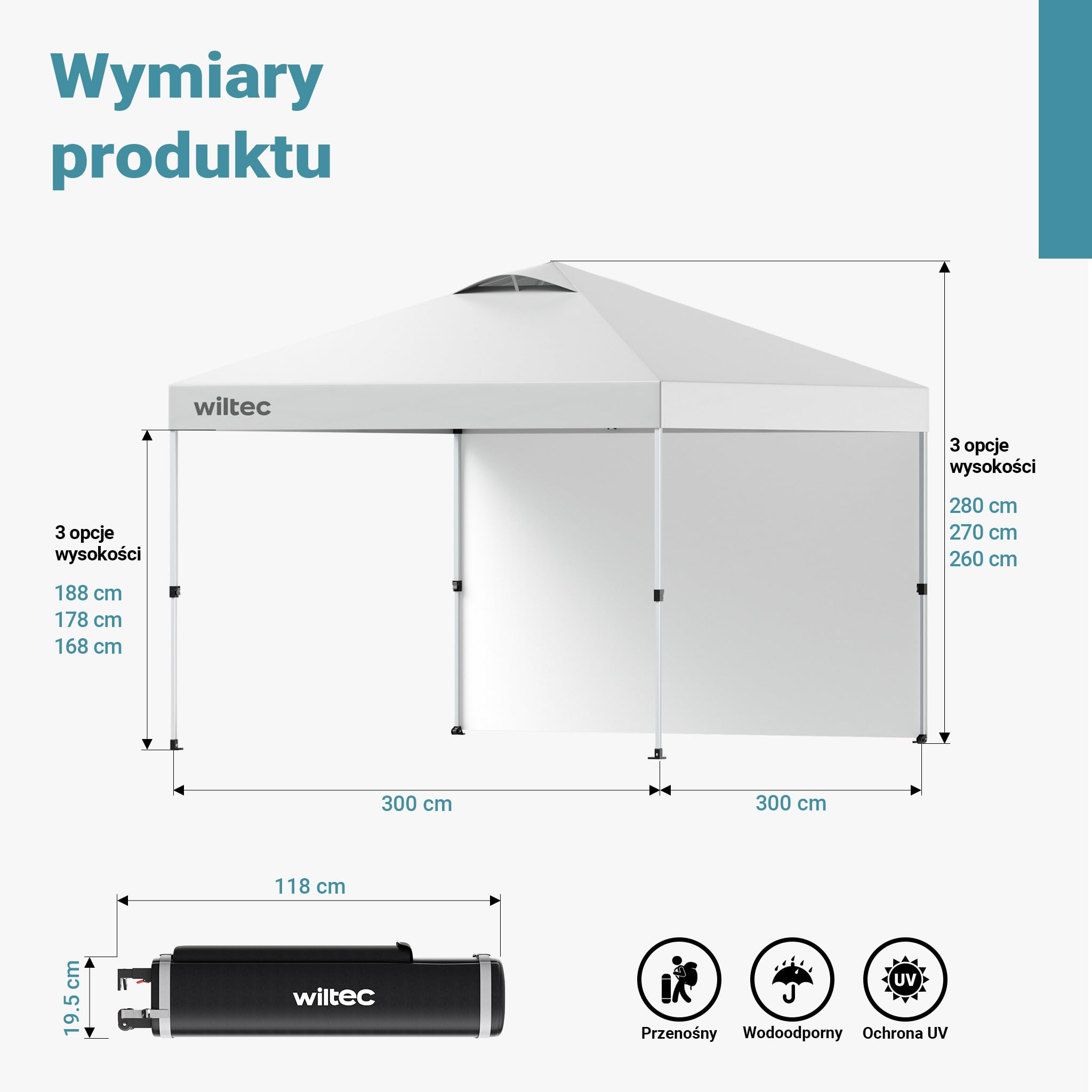 Wiltec Pop-up Pawilon imprezowy składany namiot ogrodowy handlowy ze ścianą biały 3x3m z kołami