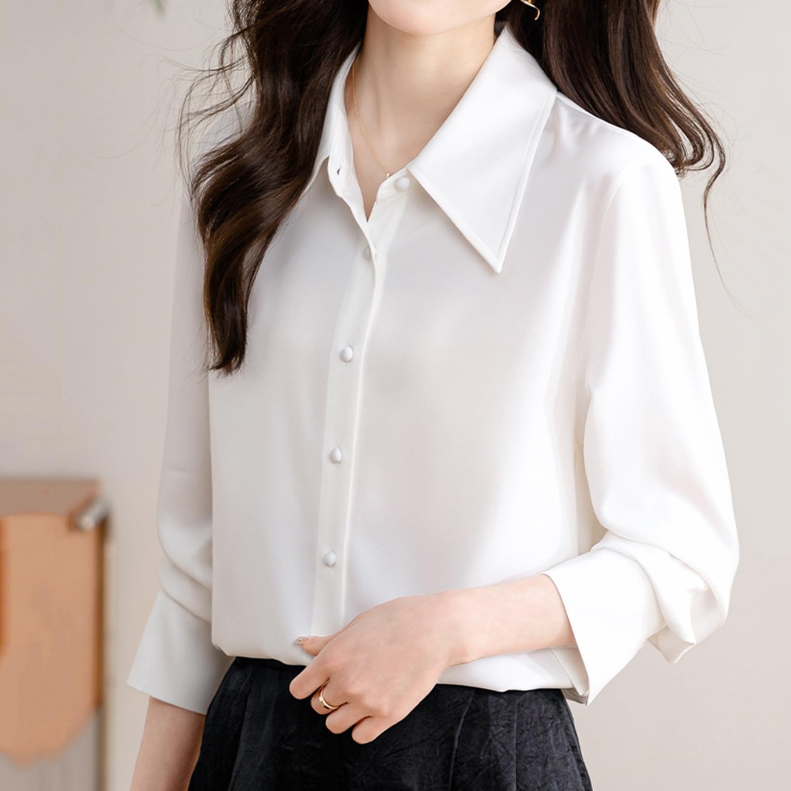 Camisas de satén para Mujer, Camisa de Seda Satinada de Manga Larga, Blusas de Seda Informales para Negocios para Mujer
