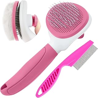 KALAMANDA Self-Cleaning Cat Dog Deshedding Brush with Release Button - Metal Comb for Grooming Indoor Cats, Kittens, Shedding Pets (Pink)