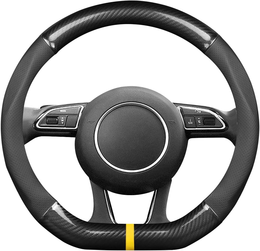 Ergocar Car Steering Wheel Cover Non-Slip Protector Sport D-Shape Carbon Fiber & PU Leather Universal for Diameter 38cm(15")