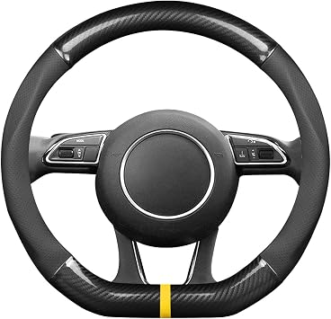 Ergocar Car Steering Wheel Cover Non-Slip Protector Sport D-Shape Carbon Fiber & PU Leather Universal for Diameter 38cm15"