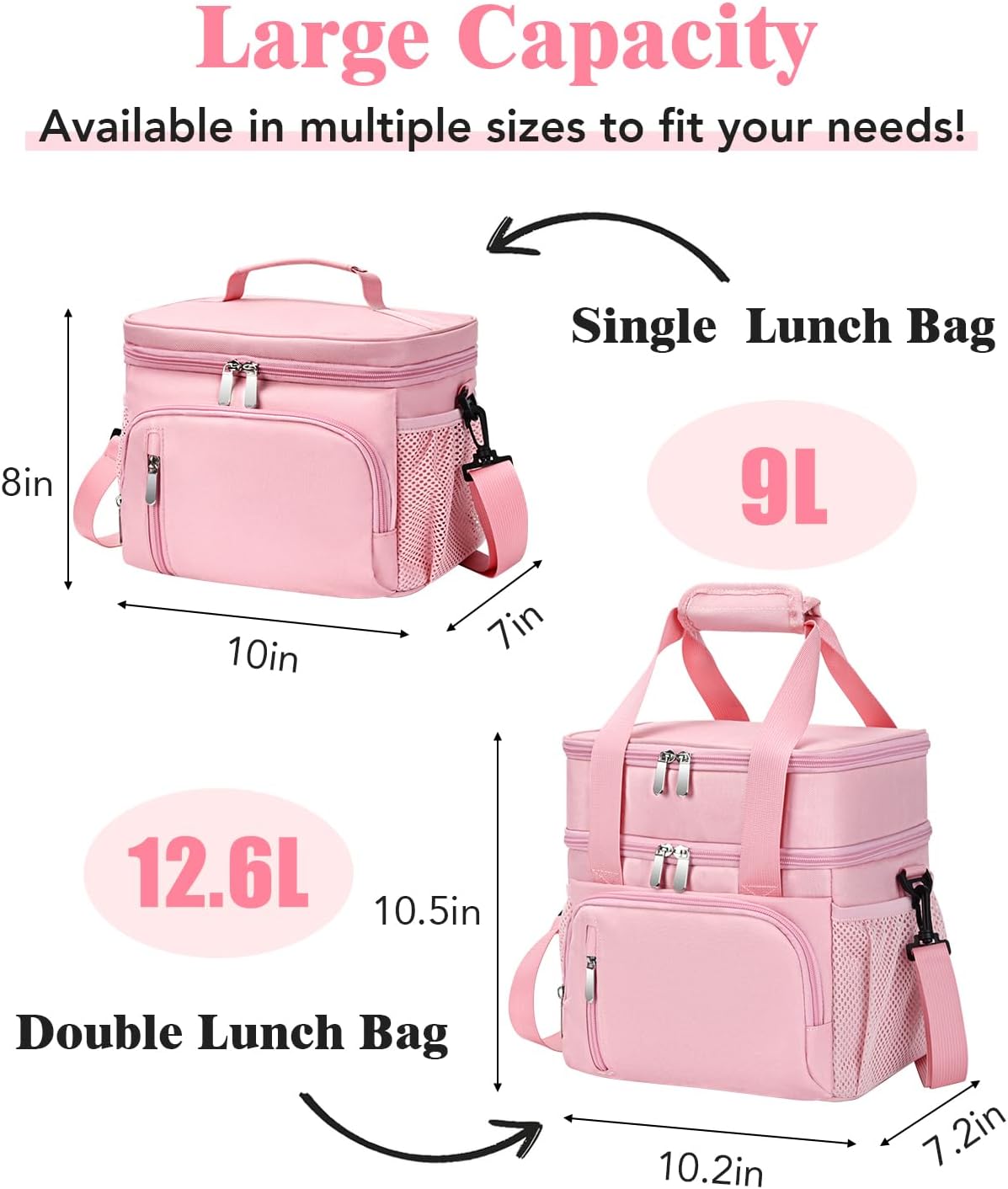 Insulated Lunch Bag for Women, Double Leakproof Lunch Box Soft Cooler Tote with 5 Pockets, 600D Oxford, EVA Lining, Adjustable Strap for Work, Picnic, Beach&Travel-Pink
