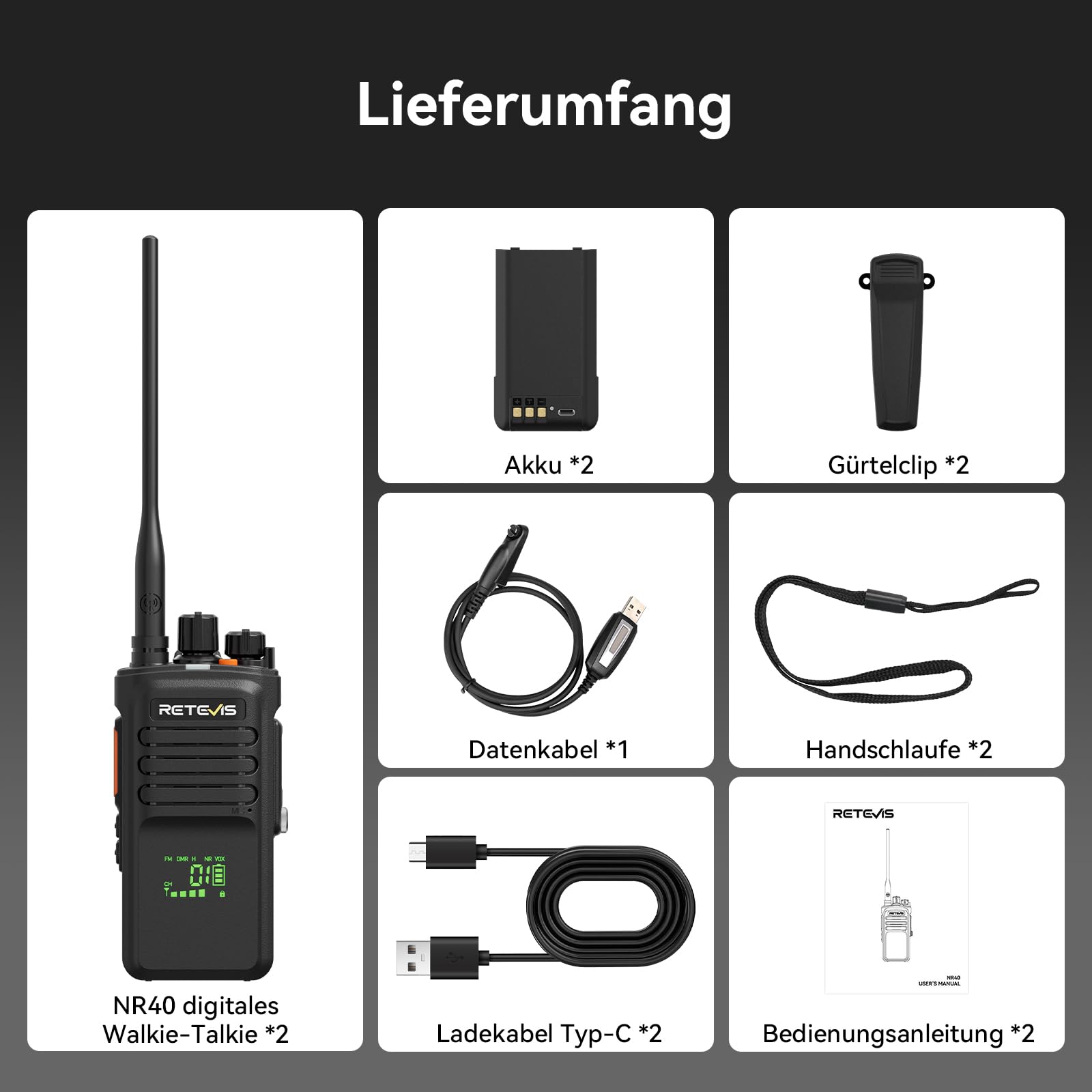 Retevis NR40 DMR Funkgerät, Wasserdicht Walkie Talkie Große Reichweite | Professionelles Handfunkgerät mit 2800mAh, Stoßfest & Klarer Klang, für Bau Fabriken Hersteller, Schwarz, 2 Stück