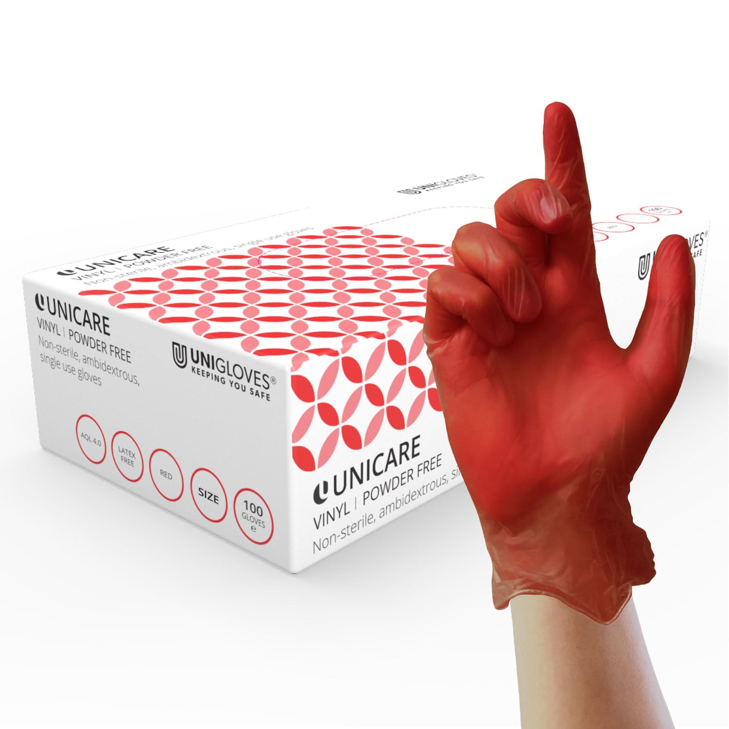 UNIGLOVES Unicare Vinyl Disposable Gloves - Multipurpose, Powder and Latex Free Examination Gloves - Box of 100 Gloves, Red, Extra Large (GS0115)