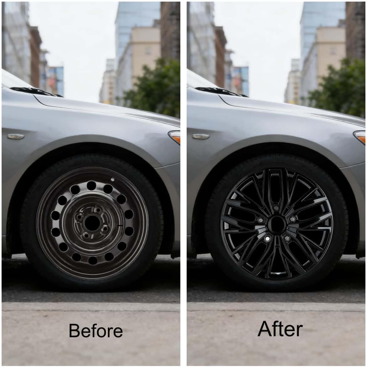 17 Inch Silver Hubcaps with Adjustable Steel Retention Rings, Premium ABS Universal Fit, Set of 4 Wheel Covers (Glossy Black)