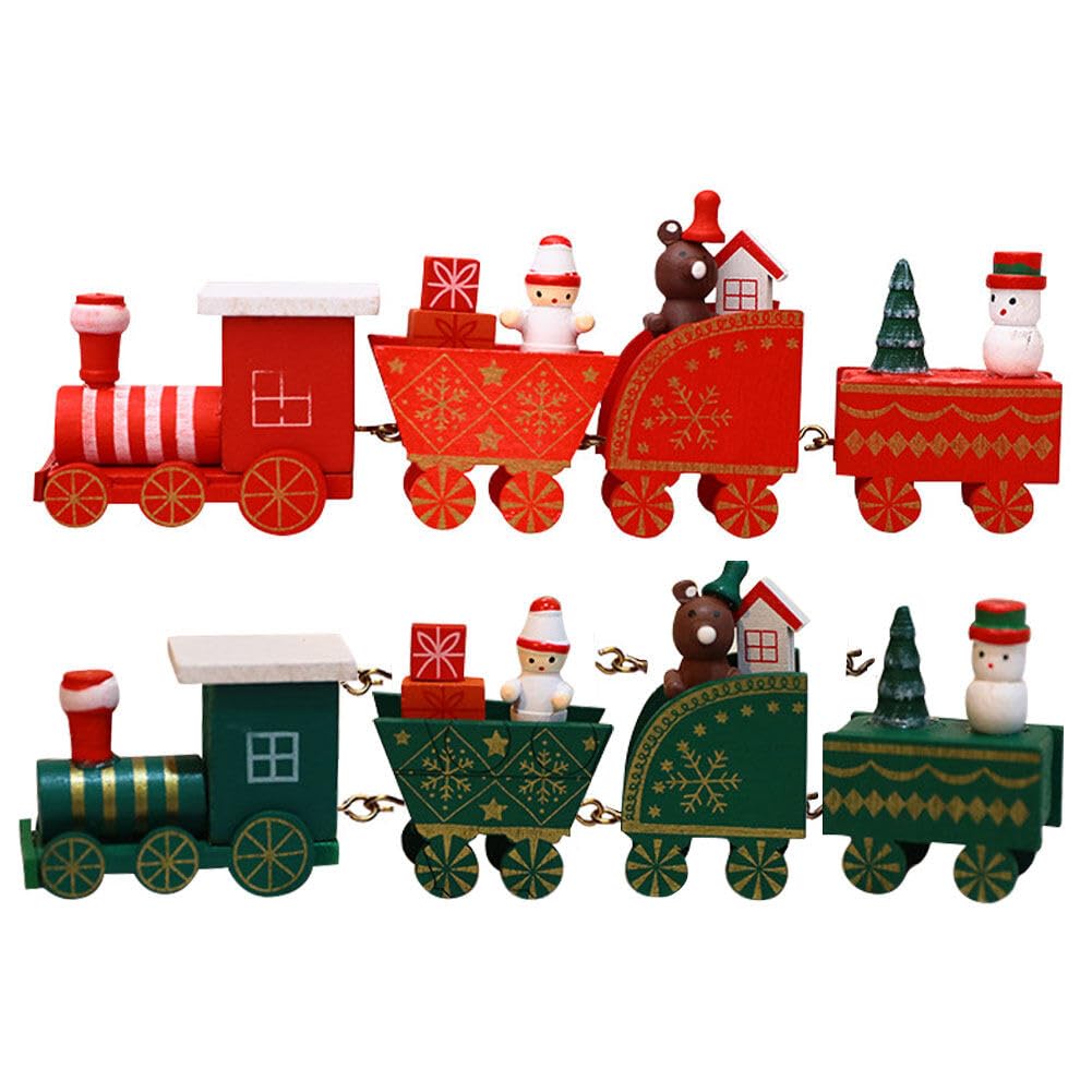Surakey Christmas Train Painted Wooden Mini Christmas Tree Train Christmas Decorations Wood Train Decor Toy for Children Game Toy Festival Party Decor 2PCS, Type 2