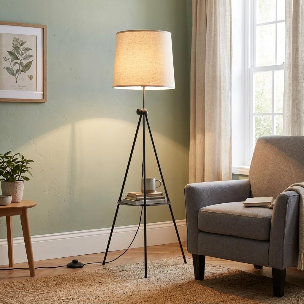 BARCELONA LED Stehlampe Madison Beige Mit Beistelltisch | Beiger Textilschirm, Stabiles Dreibeingestell, Höhenverstellbar, E27 Fassung, Angenehmes Raumlicht