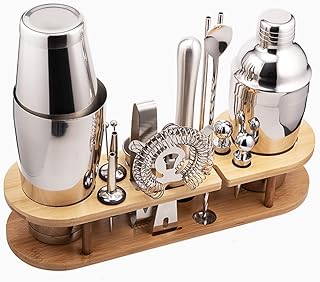Cocktail Shaker with Bamboo Stand 17-Piece Martini Shaker, Drink Shaker, Stainless Steel Boston Shaker Bar Set, Professional Bar kit for Drink Mixing-silver