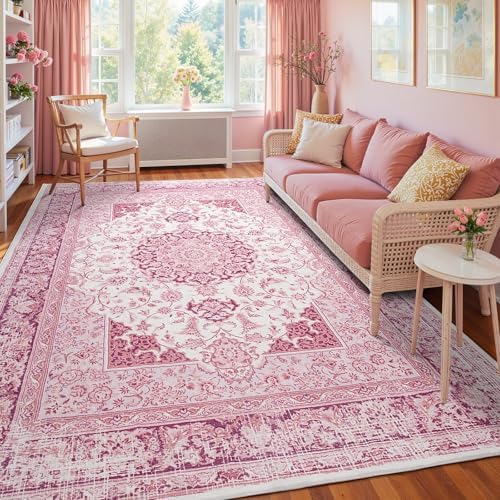 Macgace Bright Pink Area Rug for Living Room, 6x9 Machine Washable Rugs with Non-Slip Backing for Girls Bedroom, Large Vintage Carpet for Kitchen Laundry Kids Room